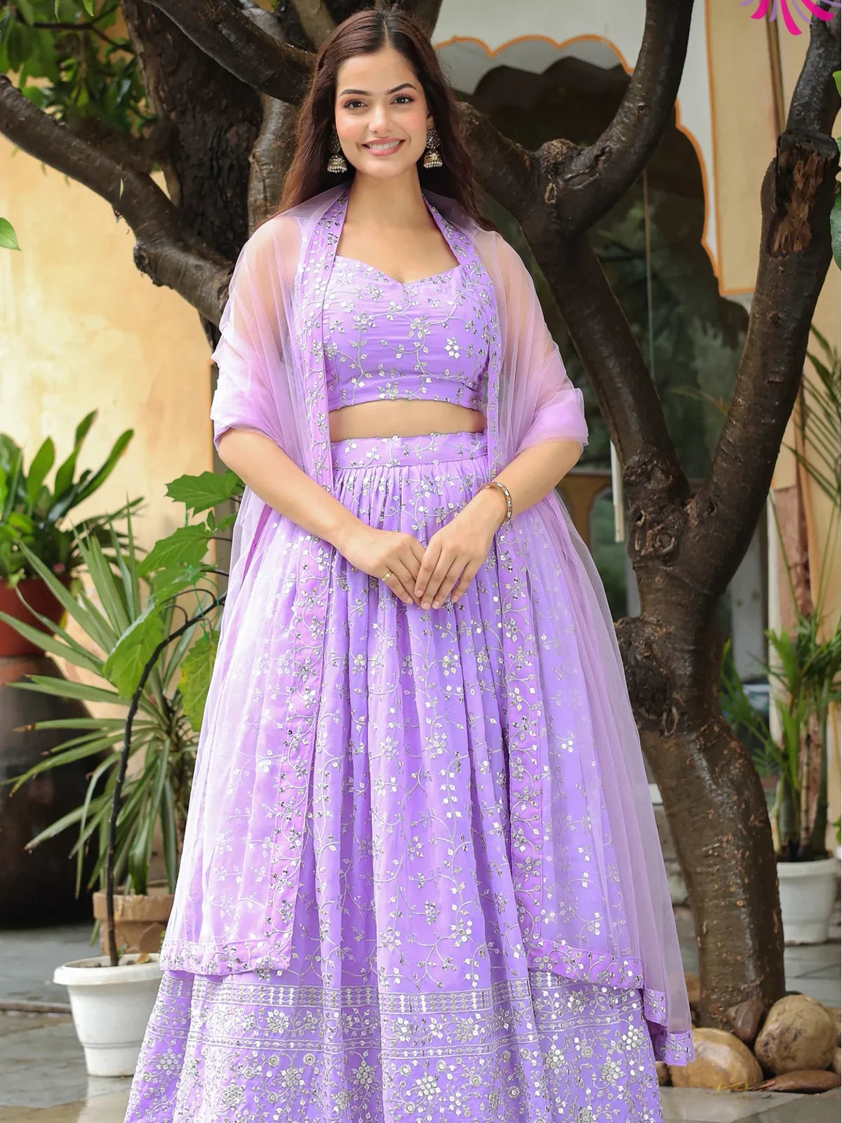 Tarani lavender georgette lehenga front view with sequins embroidery and dupatta