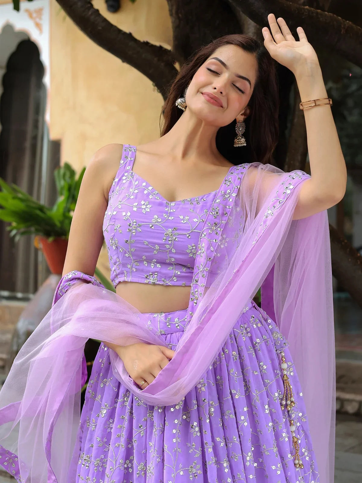 Tarani lavender georgette lehenga upper body blouse embroidery view
