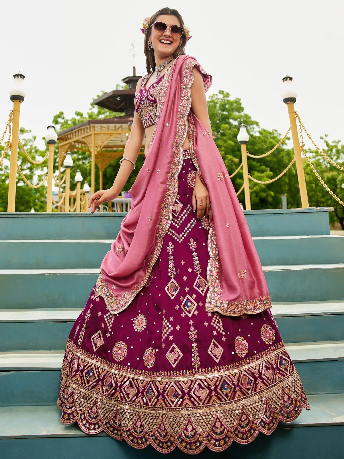 Tarani magenta georgette lehenga with sequin embroidery and pink dupatta full front view