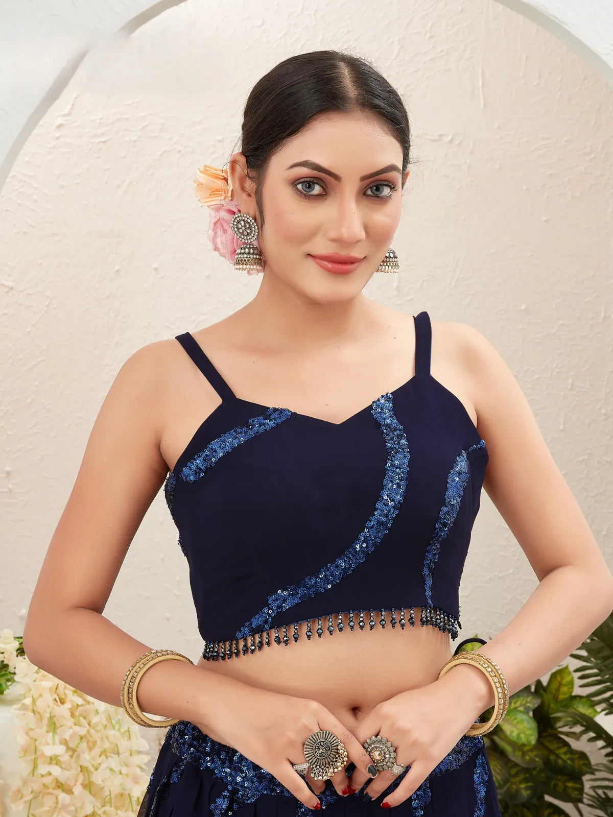 Tarani upper body view of navy blue georgette lehenga blouse with intricate embroidery
