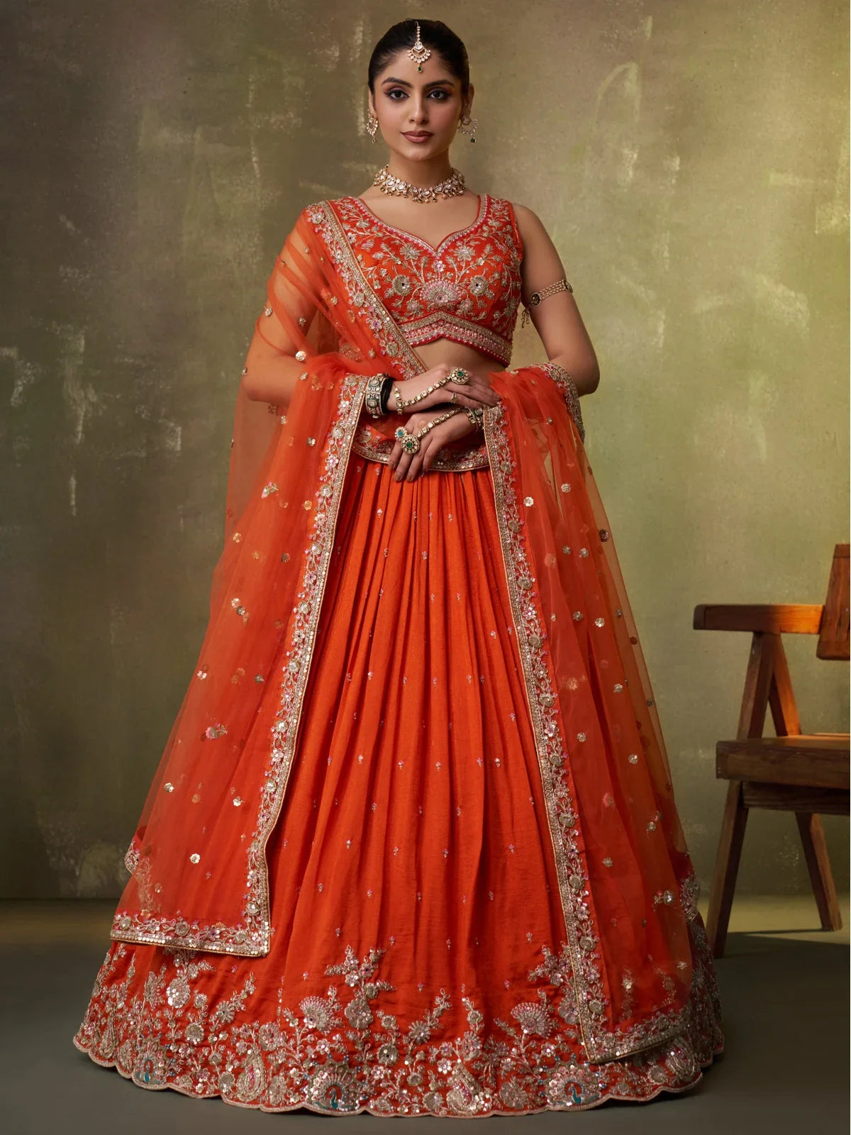 Tarani premium orange georgette lehenga with embroidered blouse and dupatta full view
