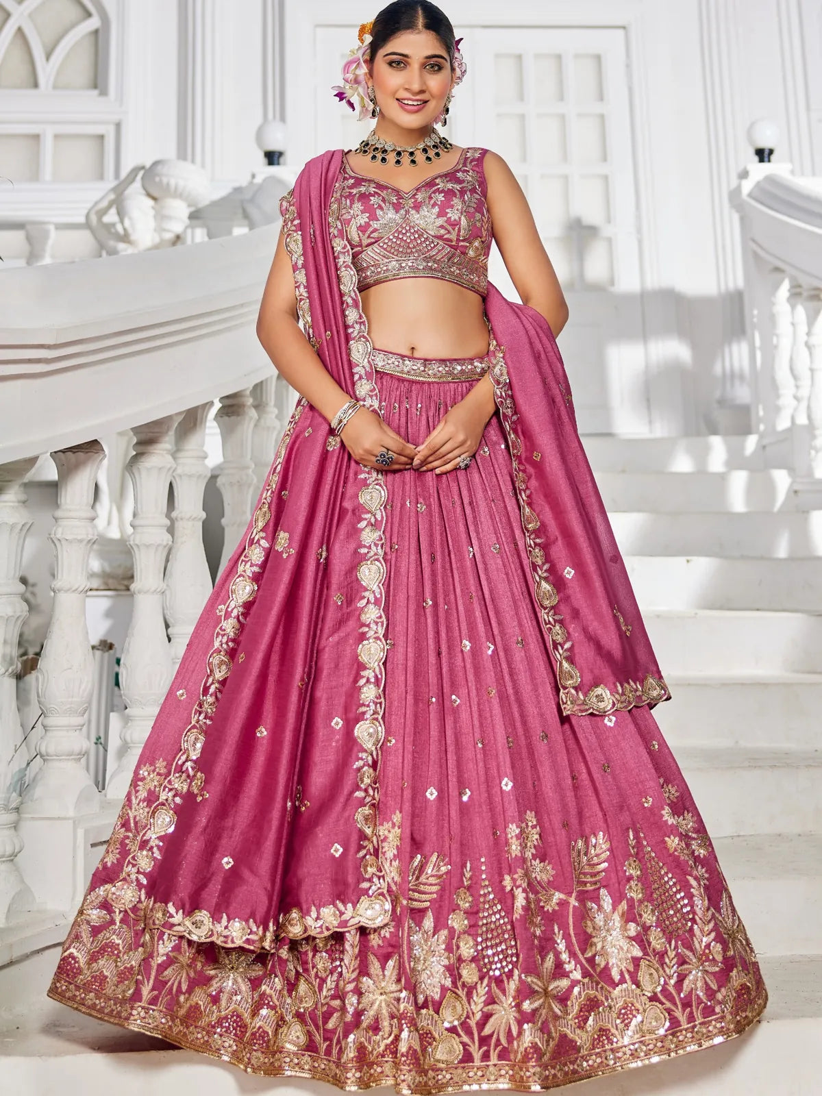 Tarani pink georgette lehenga full view with heavy embroidery and dupatta