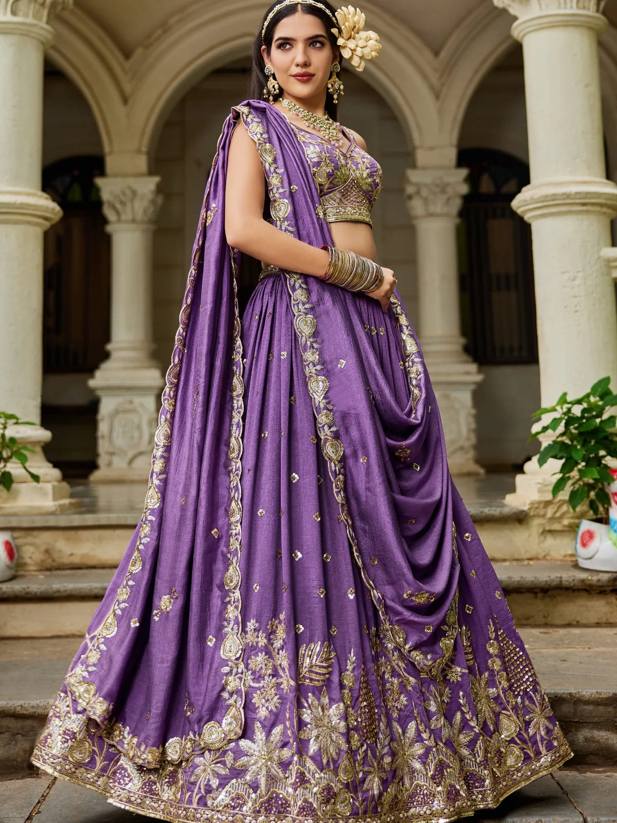 Tarani purple georgette lehenga full view with embroidery and dupatta