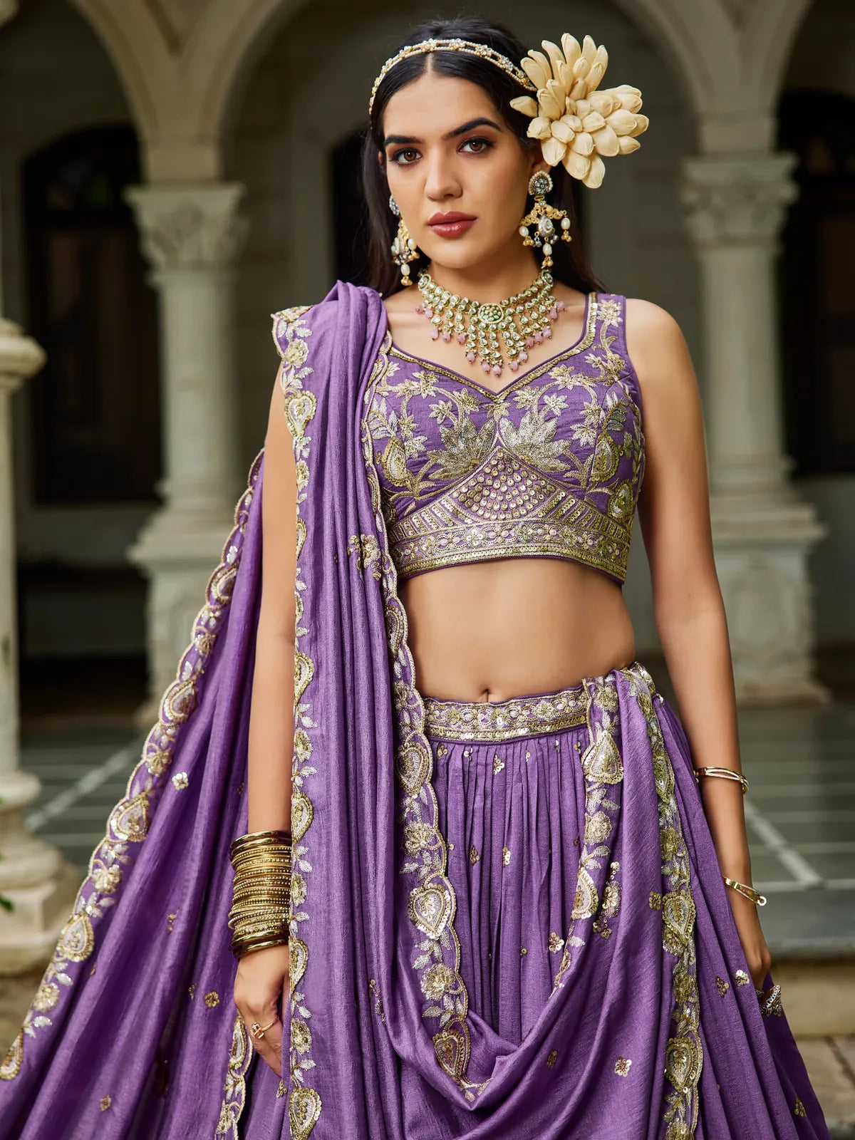 Tarani purple georgette lehenga upper body view showing blouse design