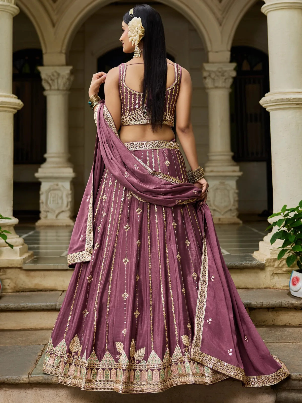 Tarani violet georgette lehenga back view with dupatta and blouse design