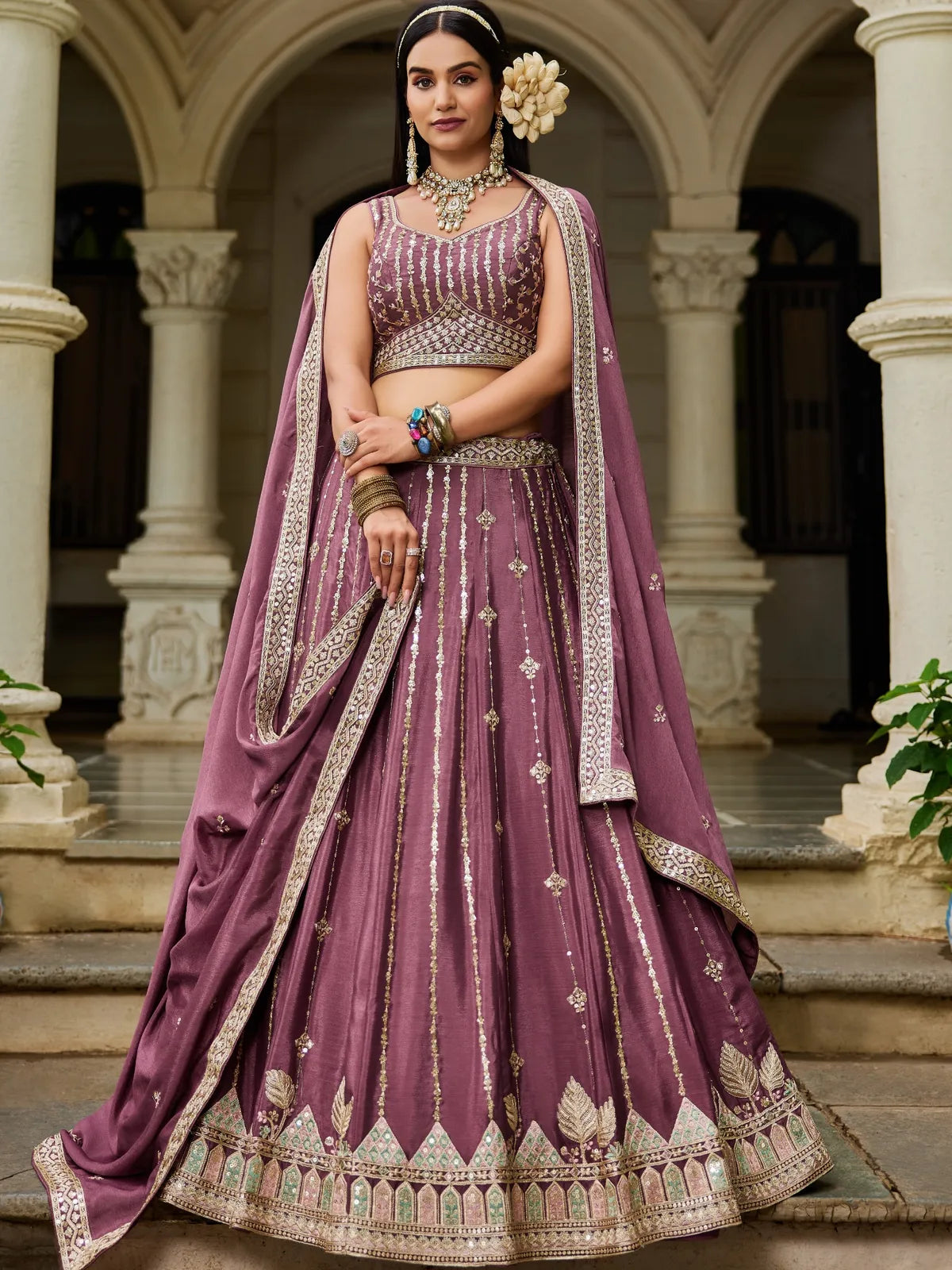 Tarani violet georgette lehenga full view with embroidery and dupatta for weddings