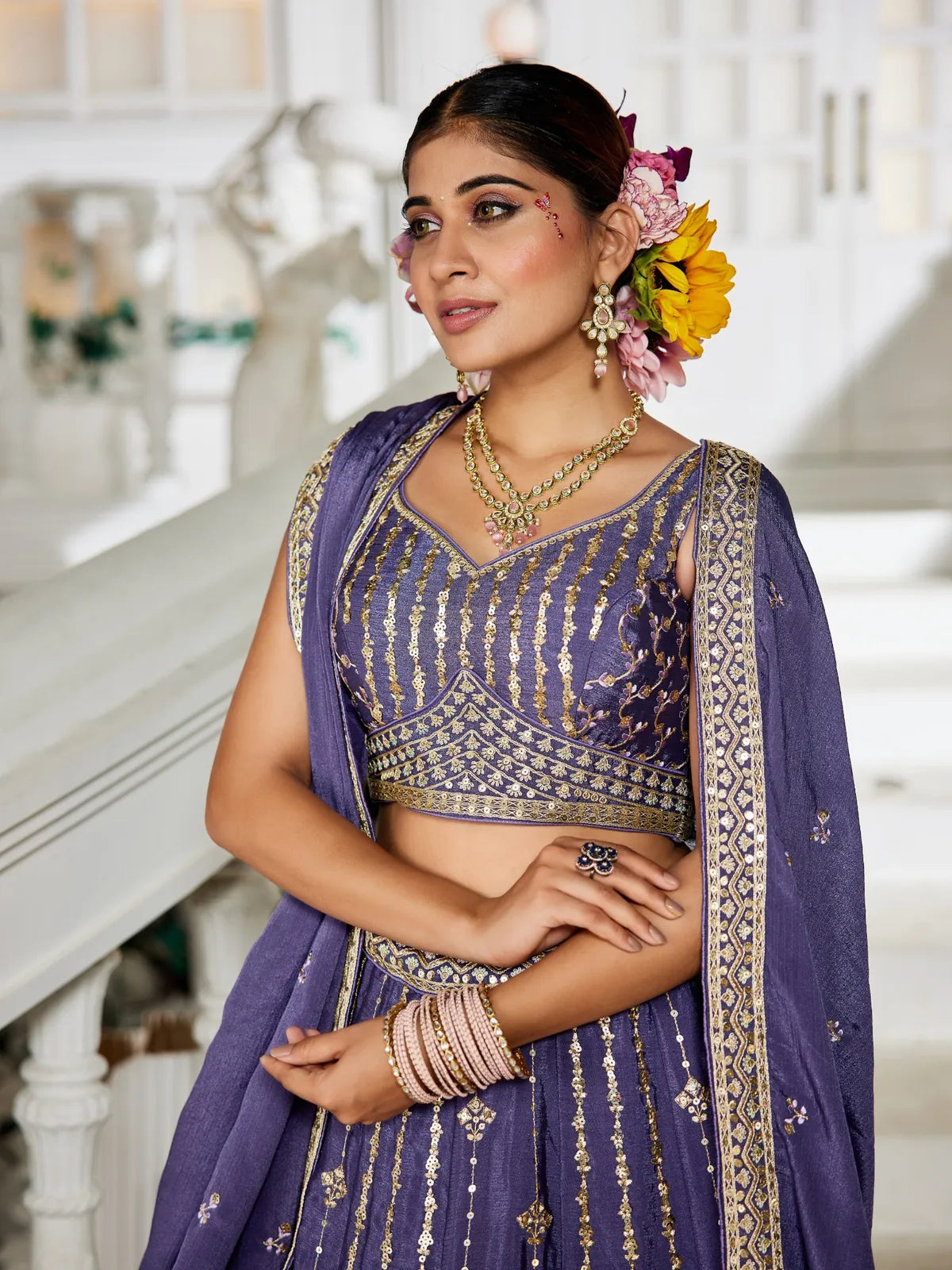 Tarani violet georgette lehenga upper body view with embroidered blouse and dupatta