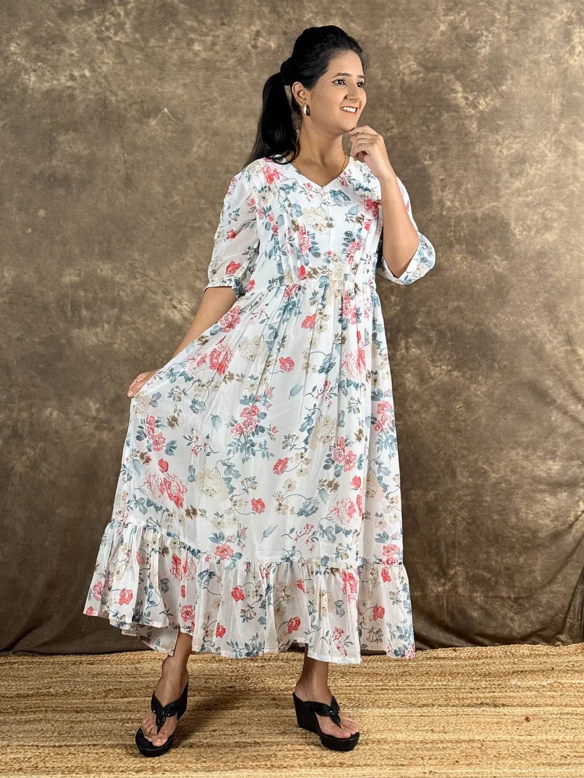Tarani premium white georgette midi dress with floral print full view