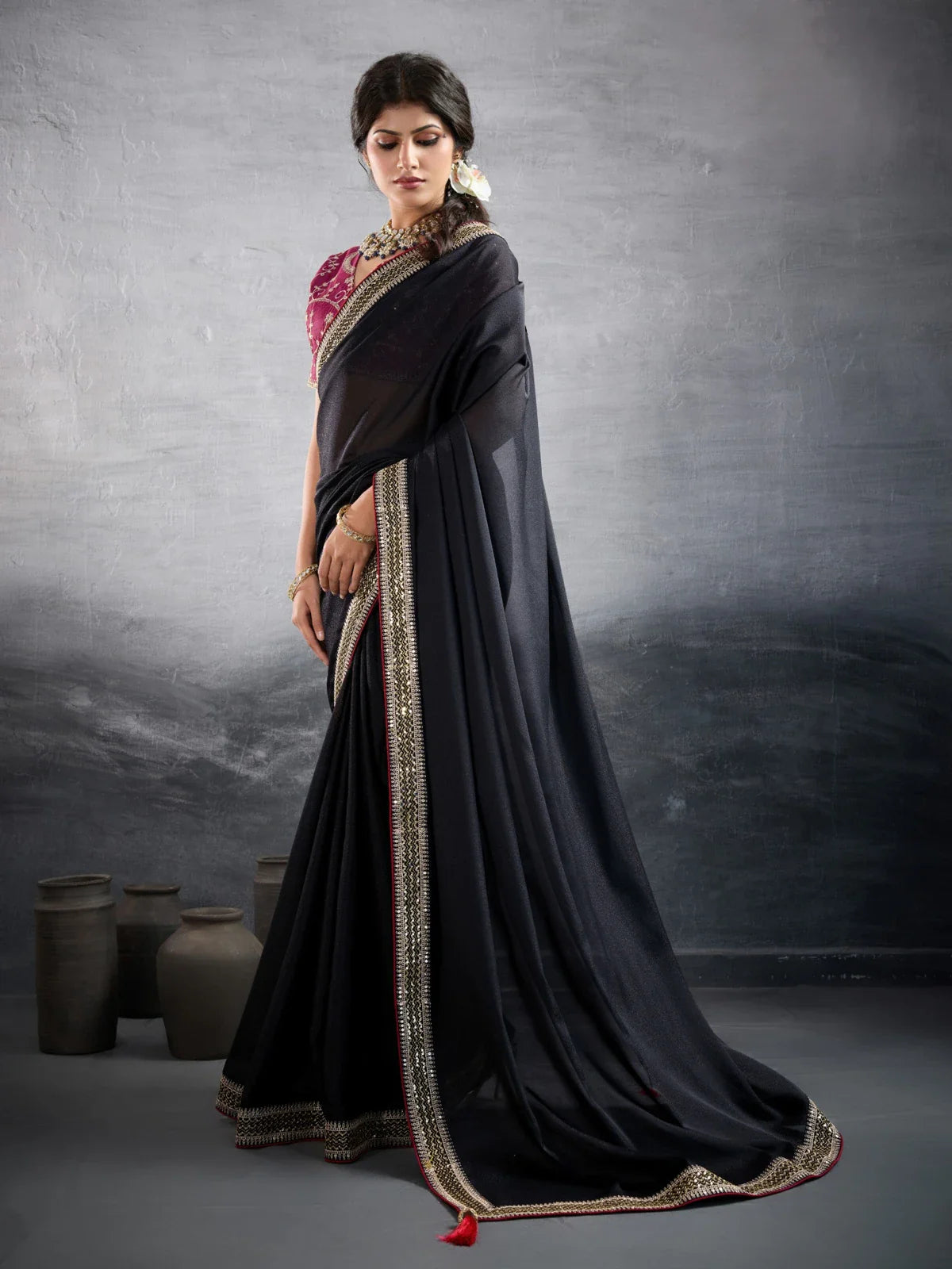 Tarani black georgette saree with heavy border full view, party and festive wear with embroidered Banglori silk blouse