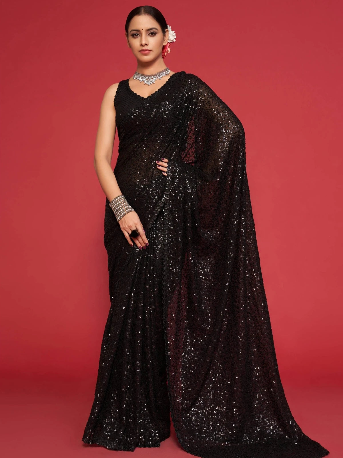 Tarani black georgette sequence saree full view for party and festive occasions