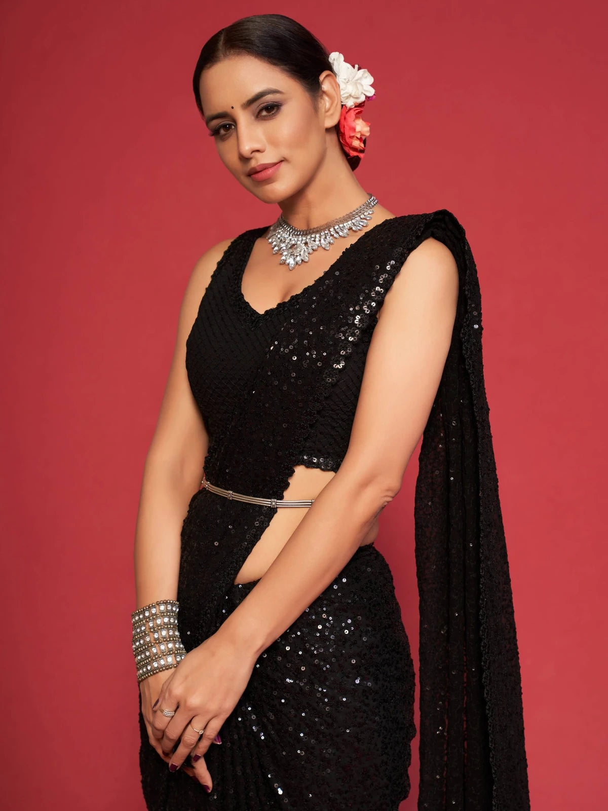 Tarani black designer saree portrait view with sequins embroidery detailing