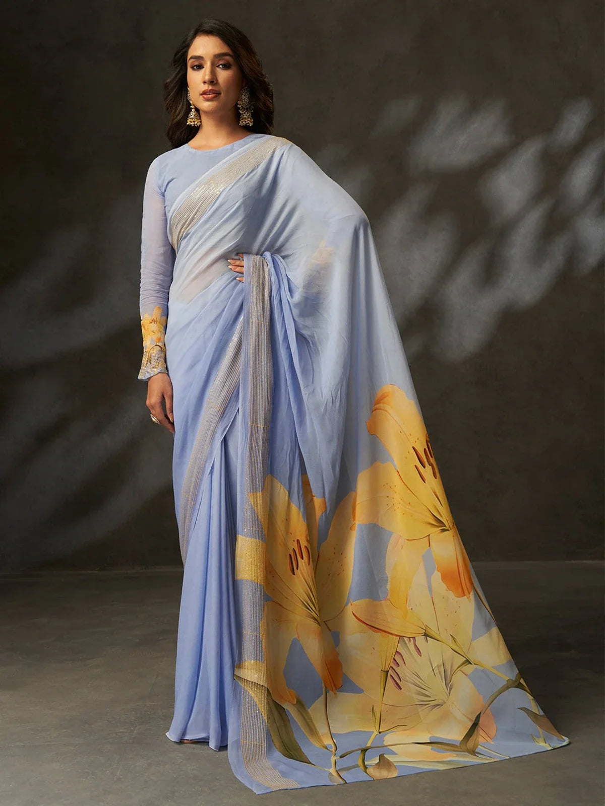 Tarani premium blue georgette silk saree with yellow floral print and blouse for casual wear