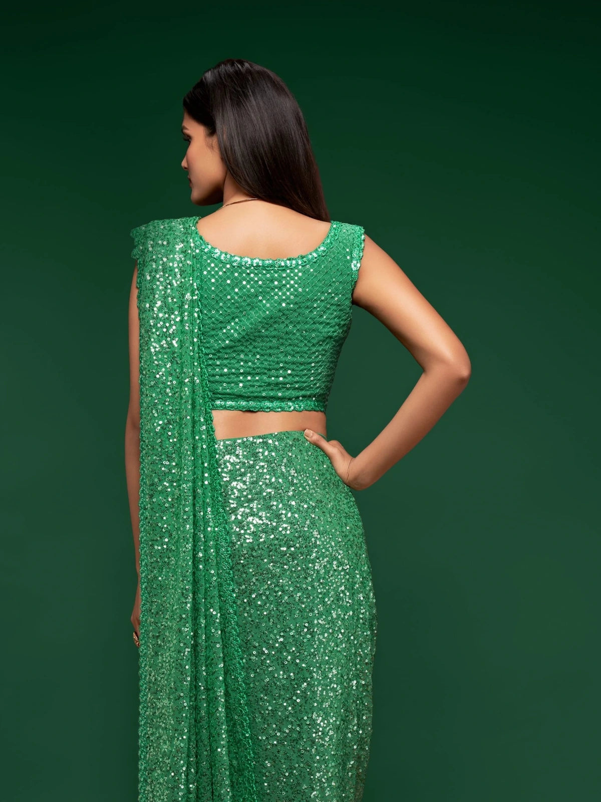 Tarani green georgette saree back blouse view with sequins embroidery detailing