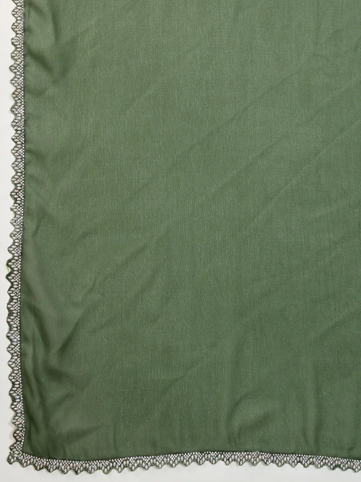 Tarani green georgette saree fabric closeup with lace border