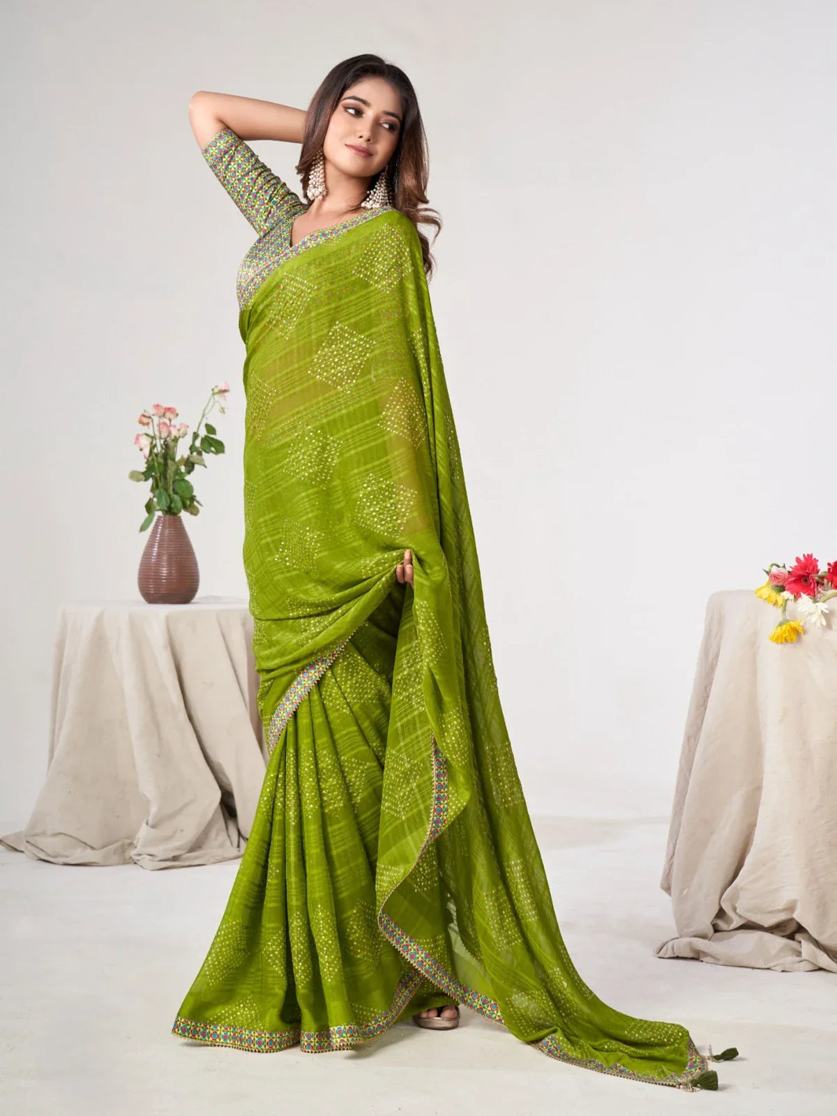 Tarani premium green georgette saree with printed blouse full view
