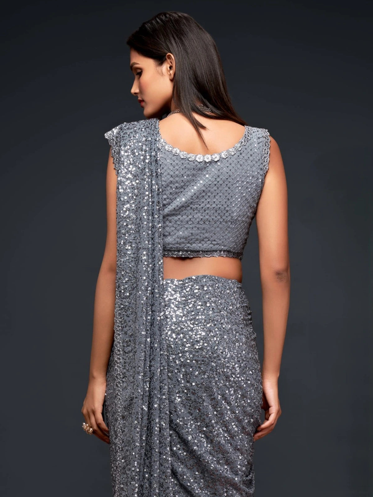 Tarani grey embroidered georgette saree back blouse view with sequins detailing