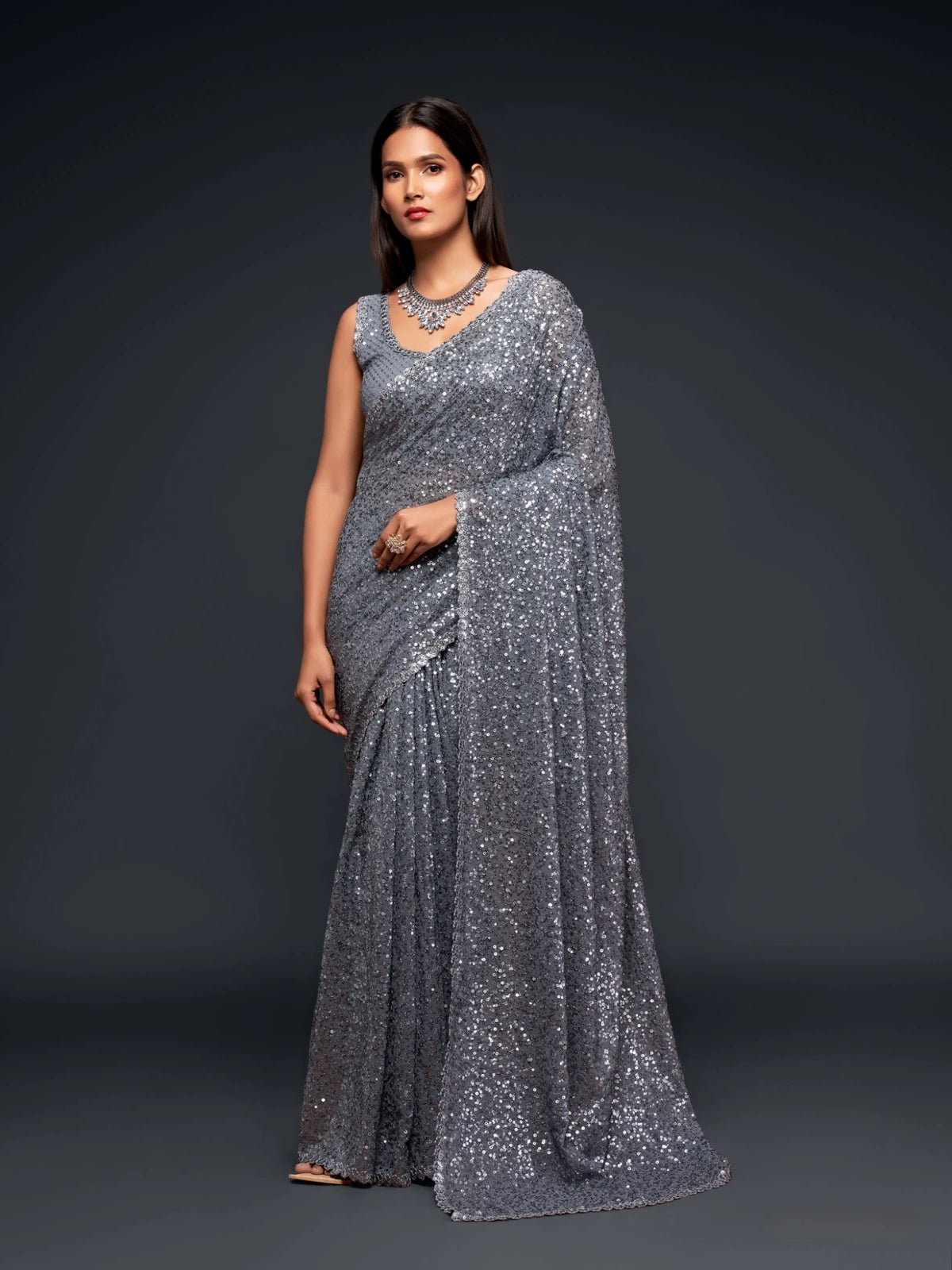 Tarani grey georgette sequins embroidery saree full view for party and festive wear