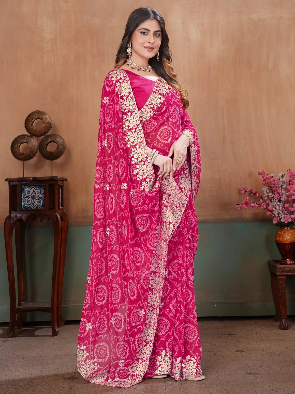 Tarani magenta Bandhini embroidered saree elegant front pose