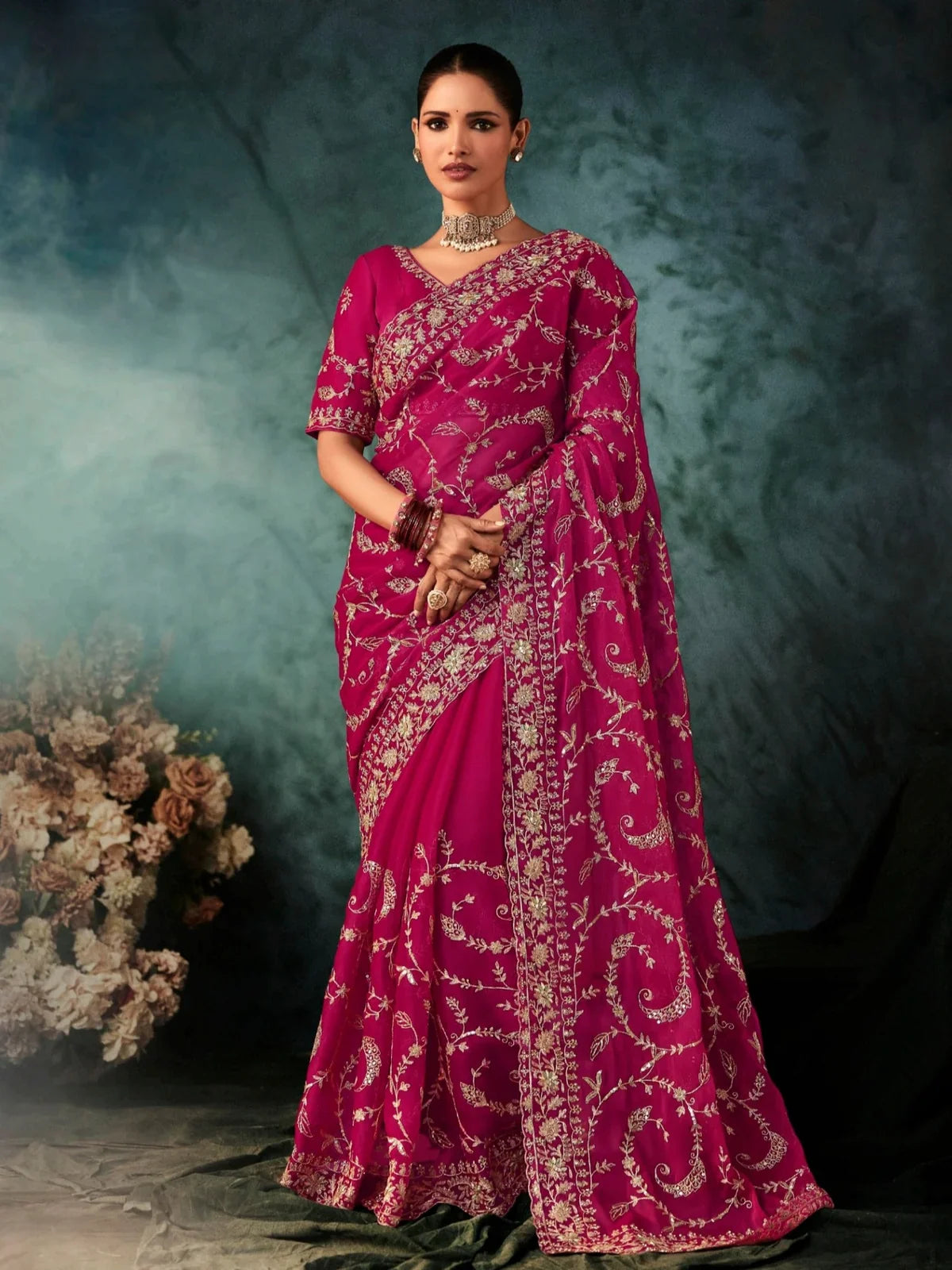Tarani magenta georgette saree with intricate thread work for festive and casual wear - front view