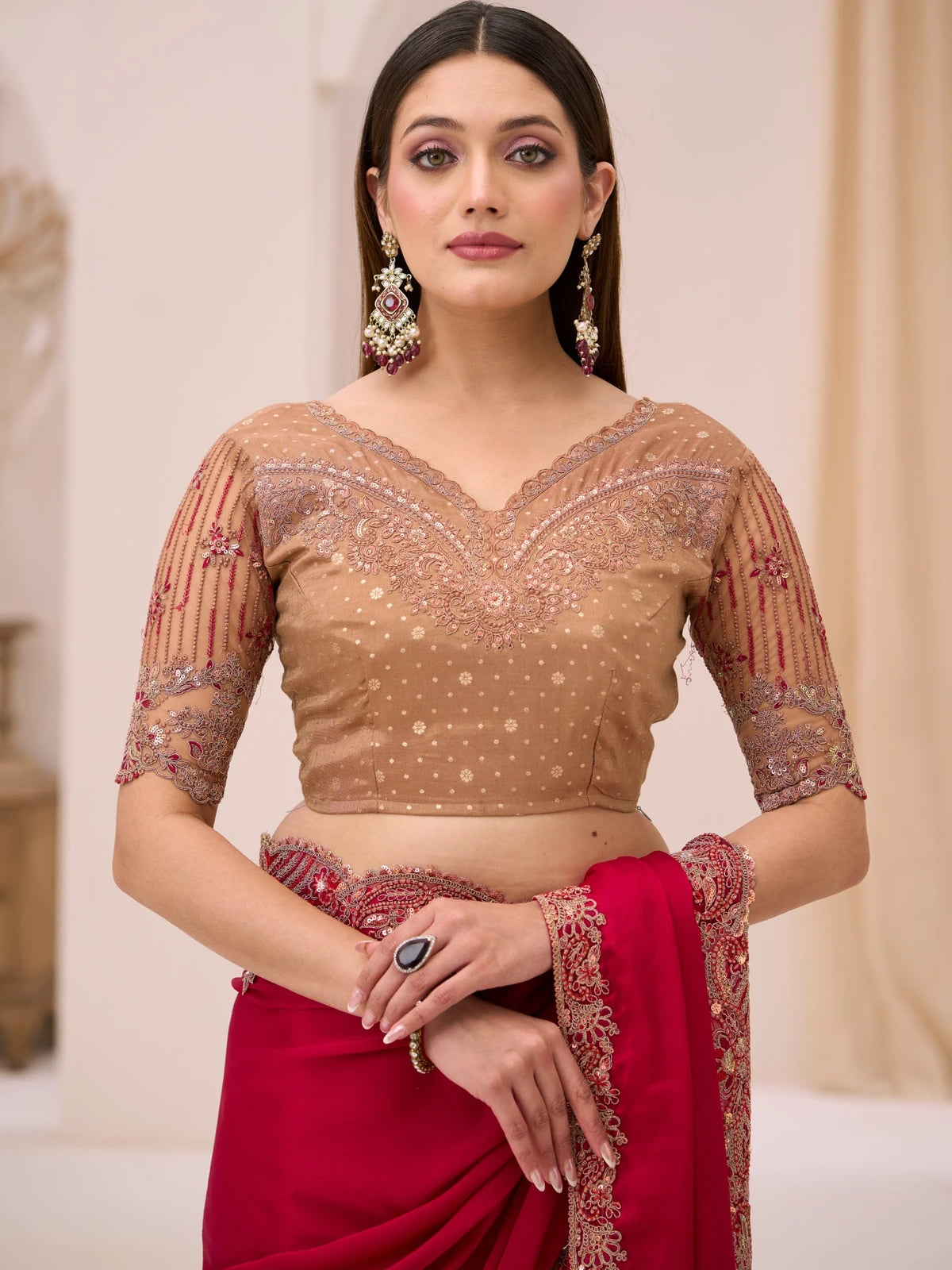 Tarani Kshanika magenta saree upper body view showing embroidered blouse and border work