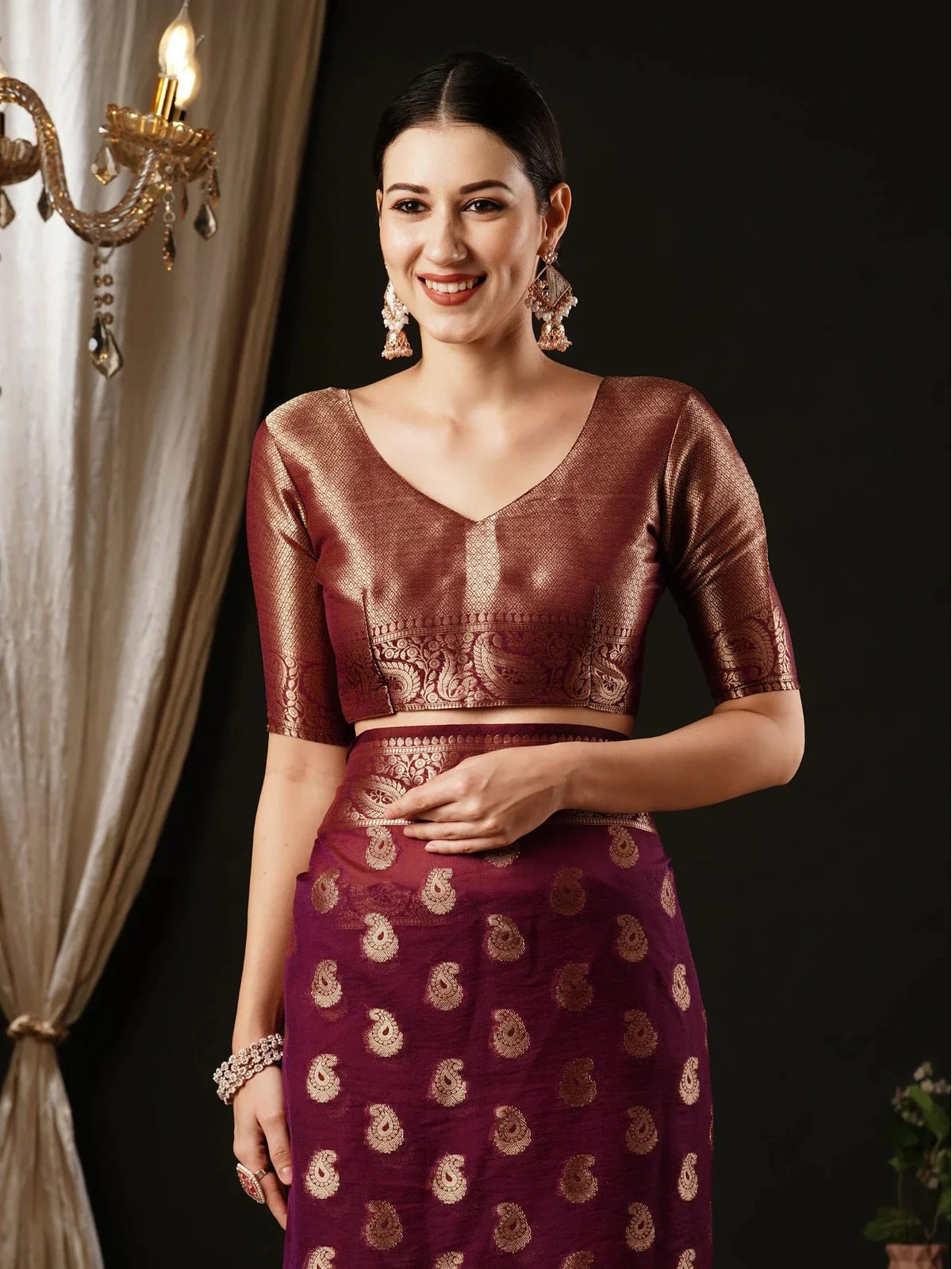Tarani designer georgette maroon saree close blouse detailing with zari work