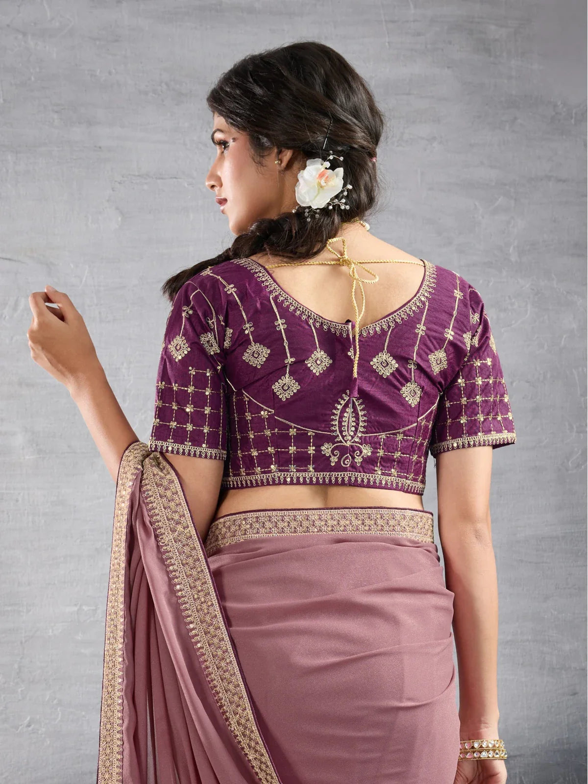 Tarani mauve saree back view with designer embroidered blouse pattern