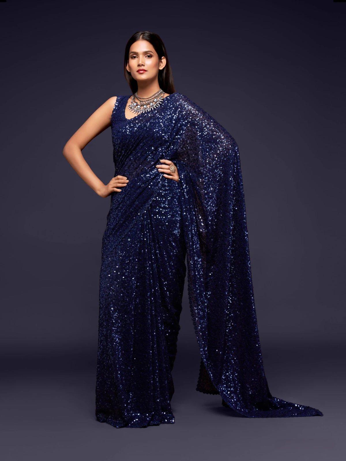 Tarani navy blue designer georgette saree front view with sequins work for festive occasions