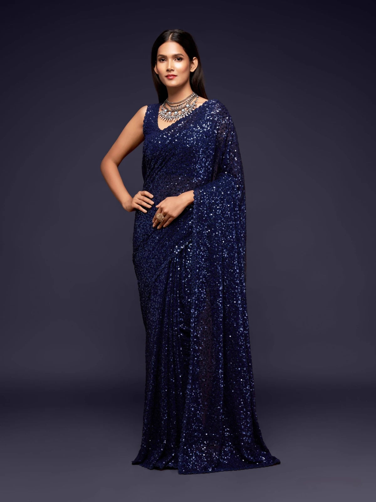 Tarani navy blue georgette saree full view with sequins embroidery and designer party wear blouse