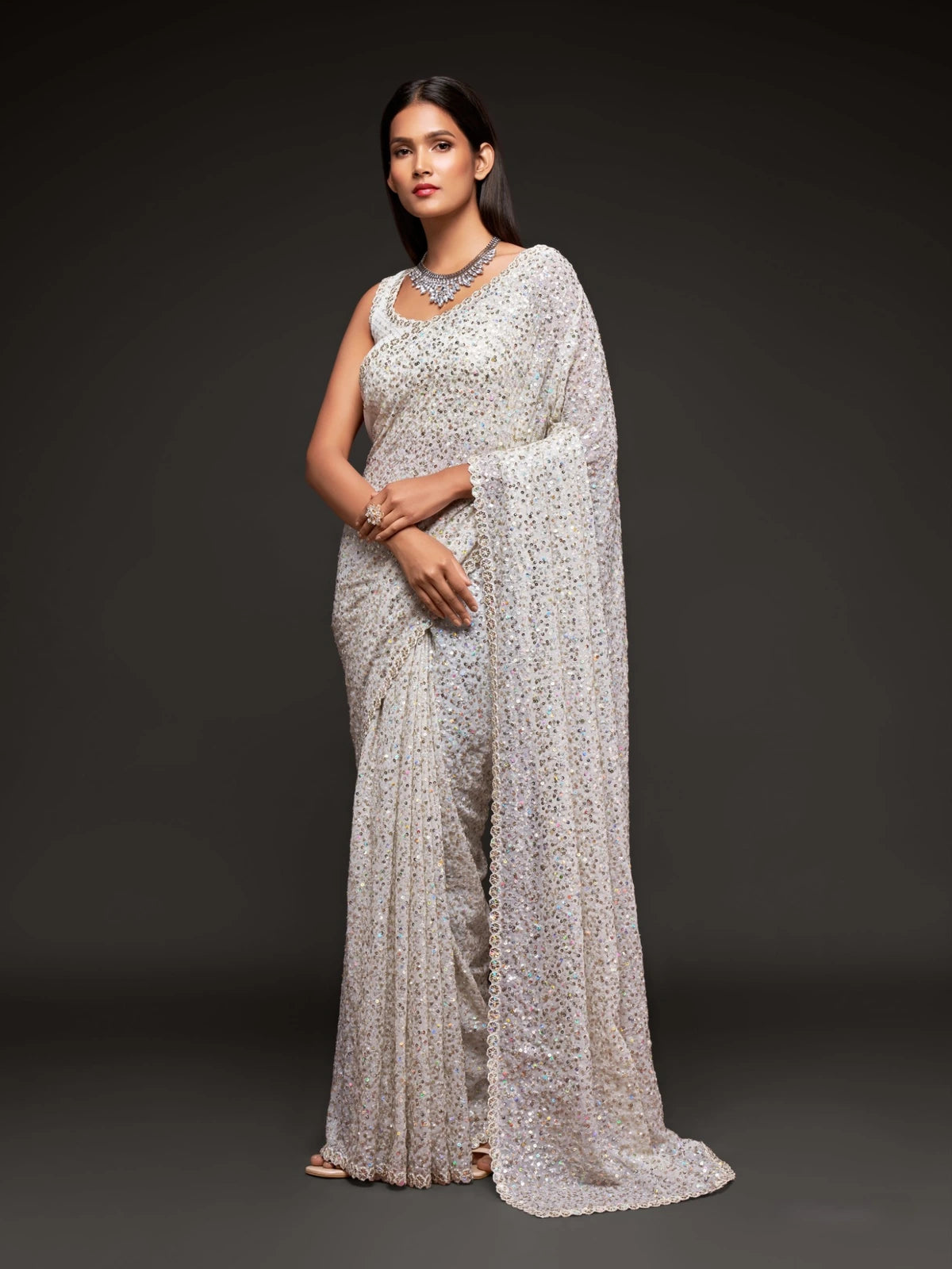 Tarani off white georgette saree with sequins embroidery full view party wear look