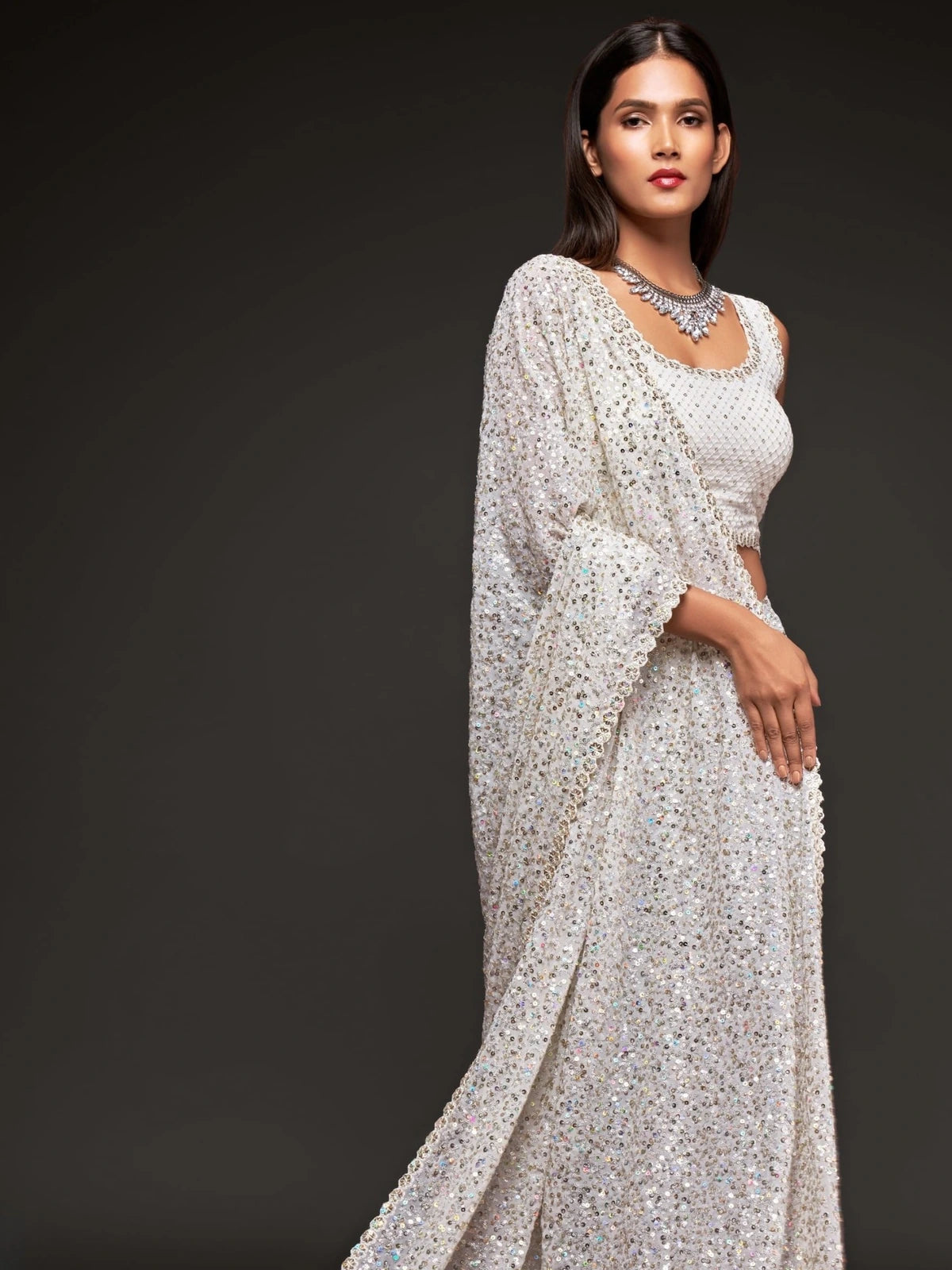 Tarani elegant off white georgette saree side pose with shimmer embroidery
