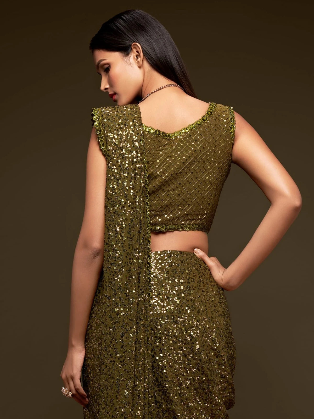 Tarani olive green georgette saree back blouse view with sequins embroidery
