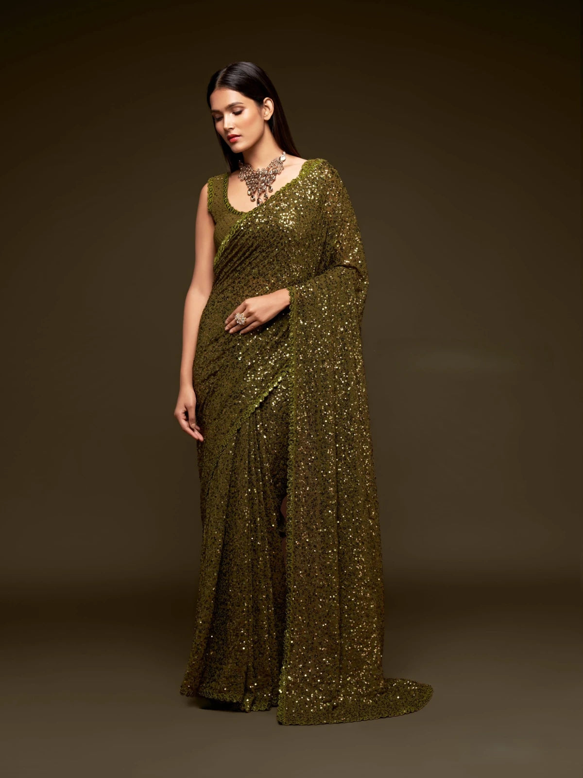 Tarani olive green georgette sequence saree full view for party and festive wear