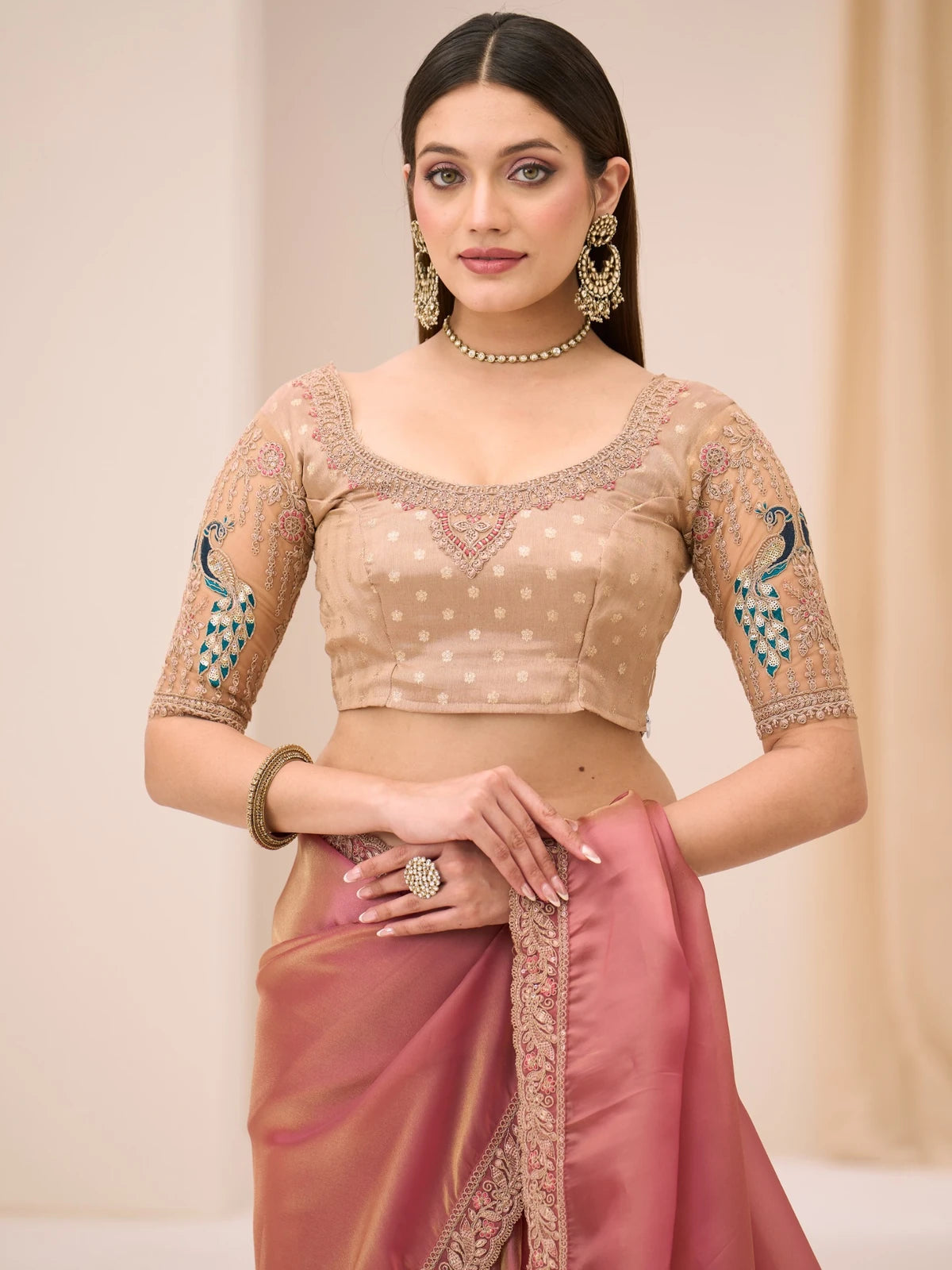 Tarani Pallavika pink tissue georgette saree upper body view with brocade blouse