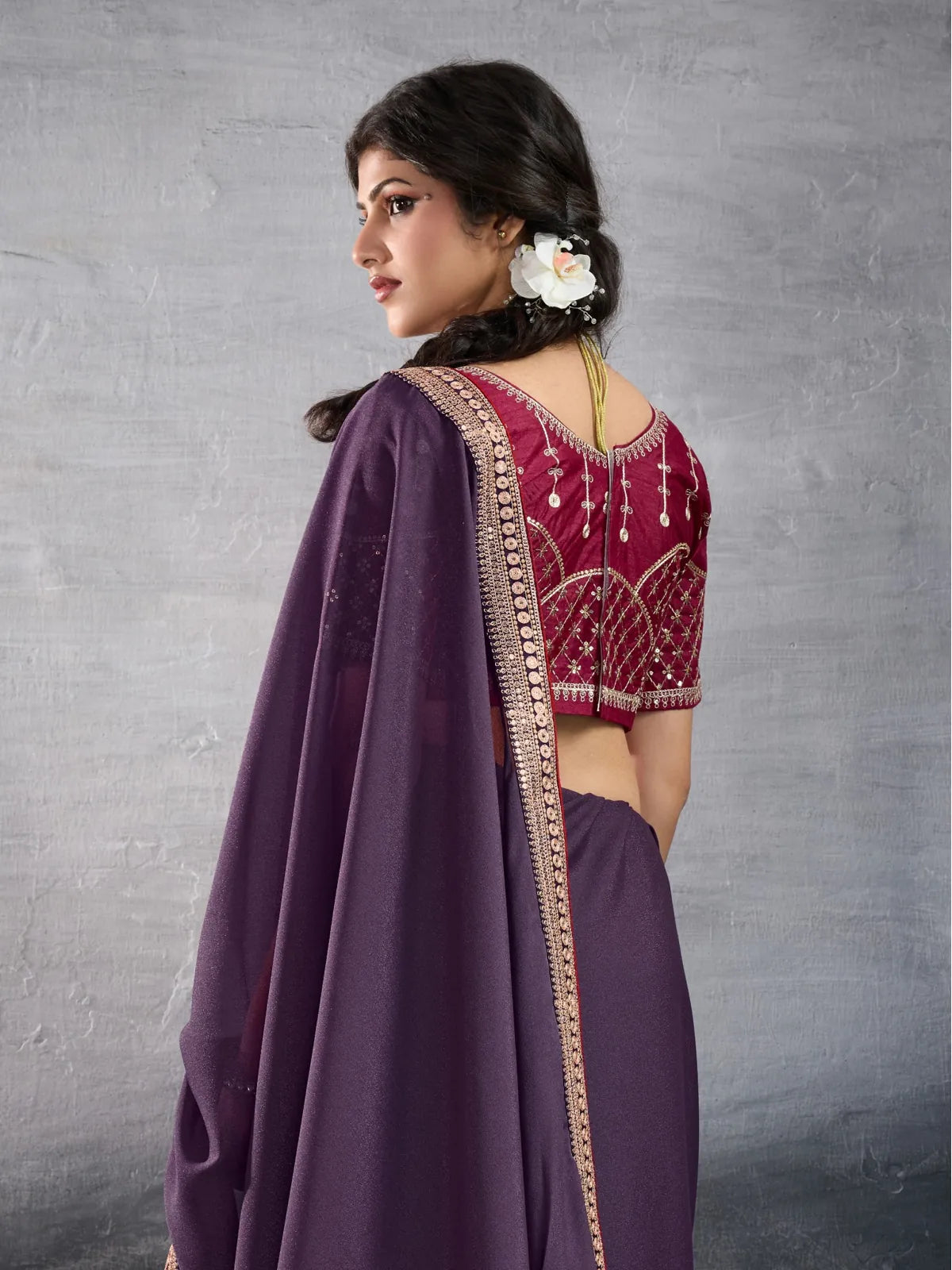 Tarani purple georgette saree back blouse embroidery view