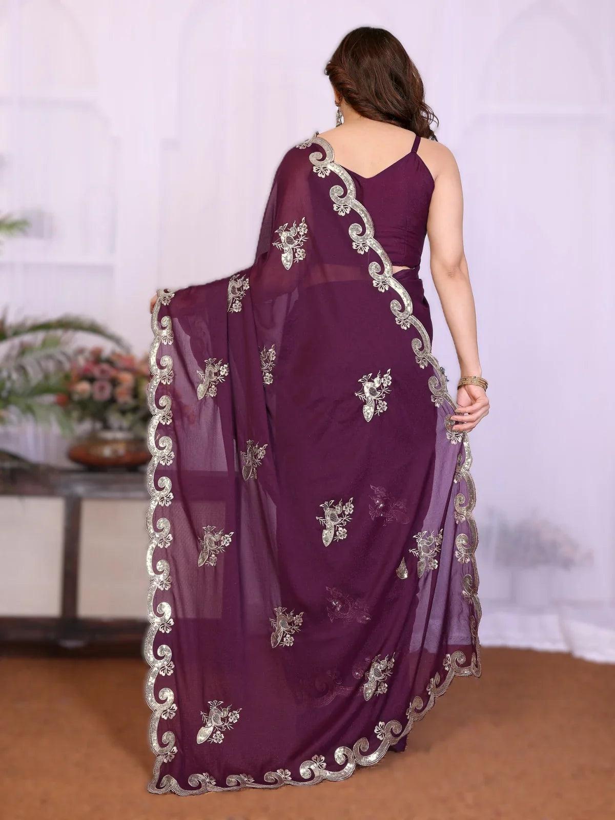 Tarani kalavitika Purple Georgette saree drape detail view for festive party and wedding wear