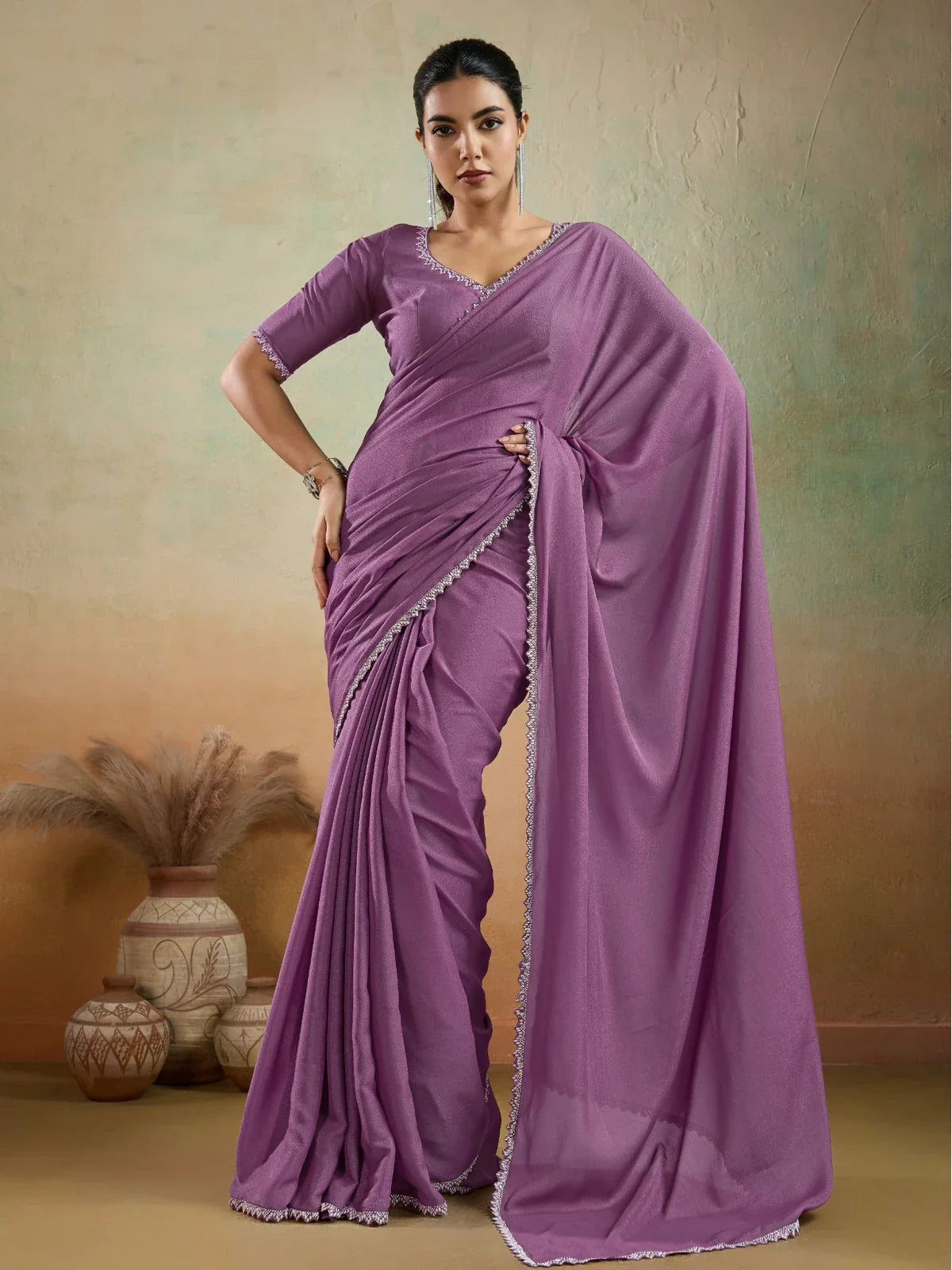 Tarani purple matt georgette saree with lace border front view for party wear