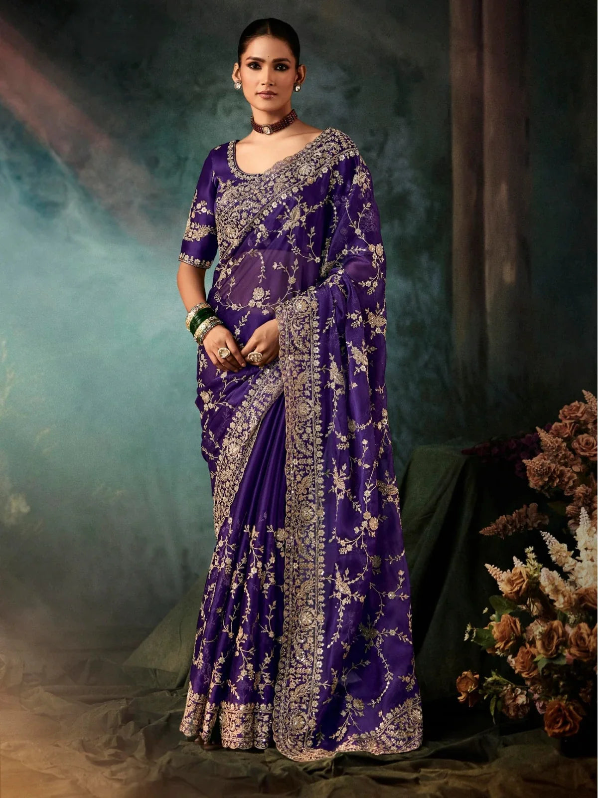 Tarani purple georgette saree with golden embroidery and matching unstitched blouse front full view