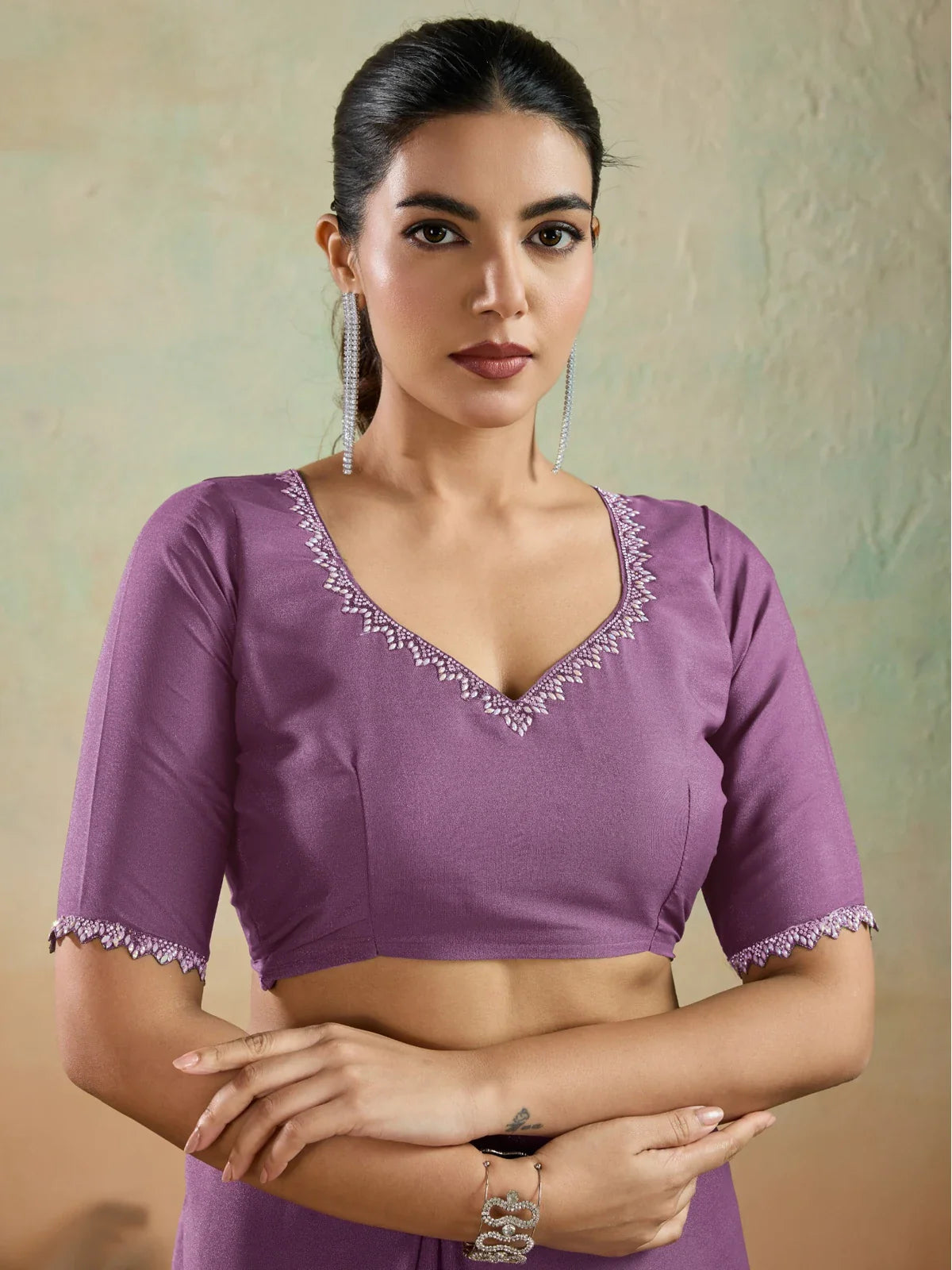 Tarani purple georgette saree close-up upper body view with lace blouse sleeves