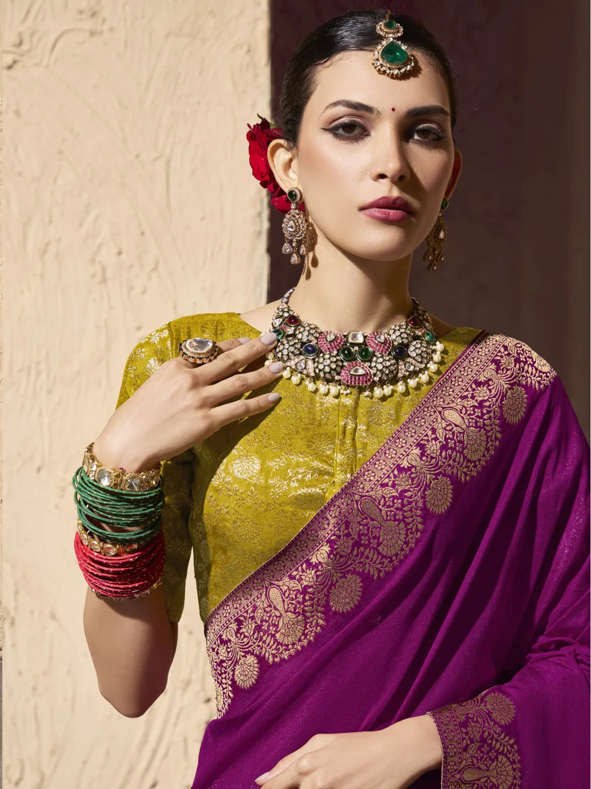 Tarani purple georgette saree with mustard blouse closeup showing zari pallu detailing