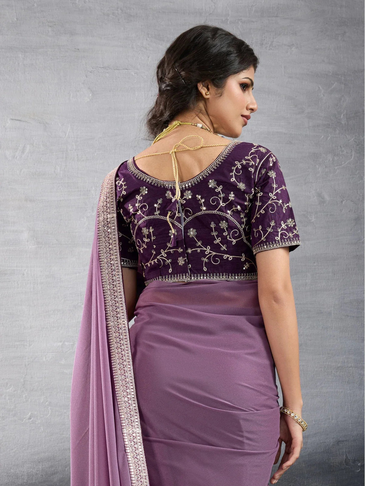 Tarani purple embroidered blouse back design view by Tarani