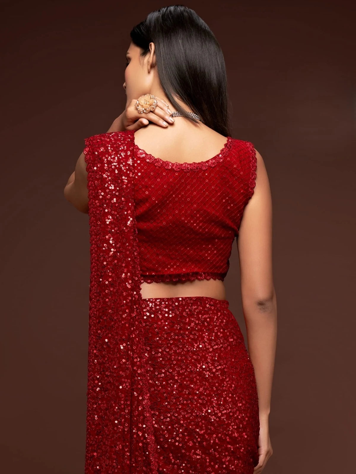 Tarani red georgette sequins saree back blouse view for festive and party styling