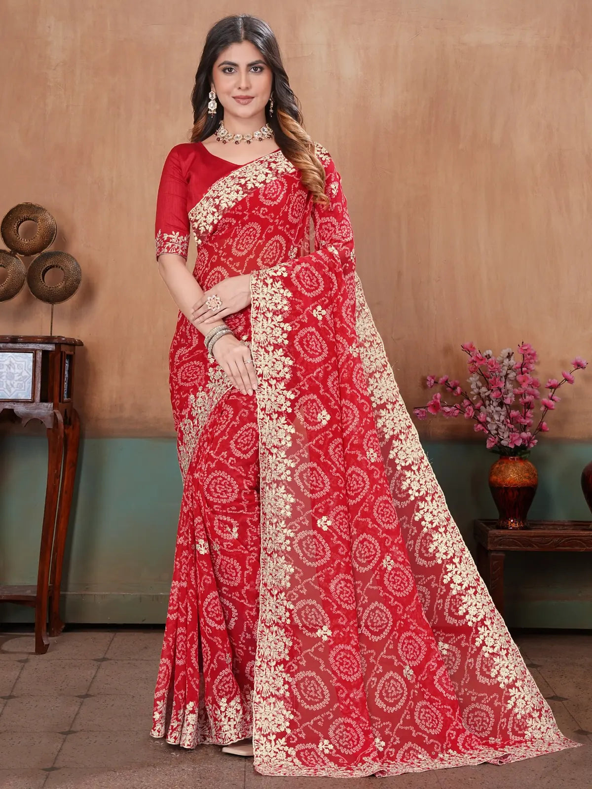 Tarani red georgette Bandhini print saree with embroidery and stone work full front view