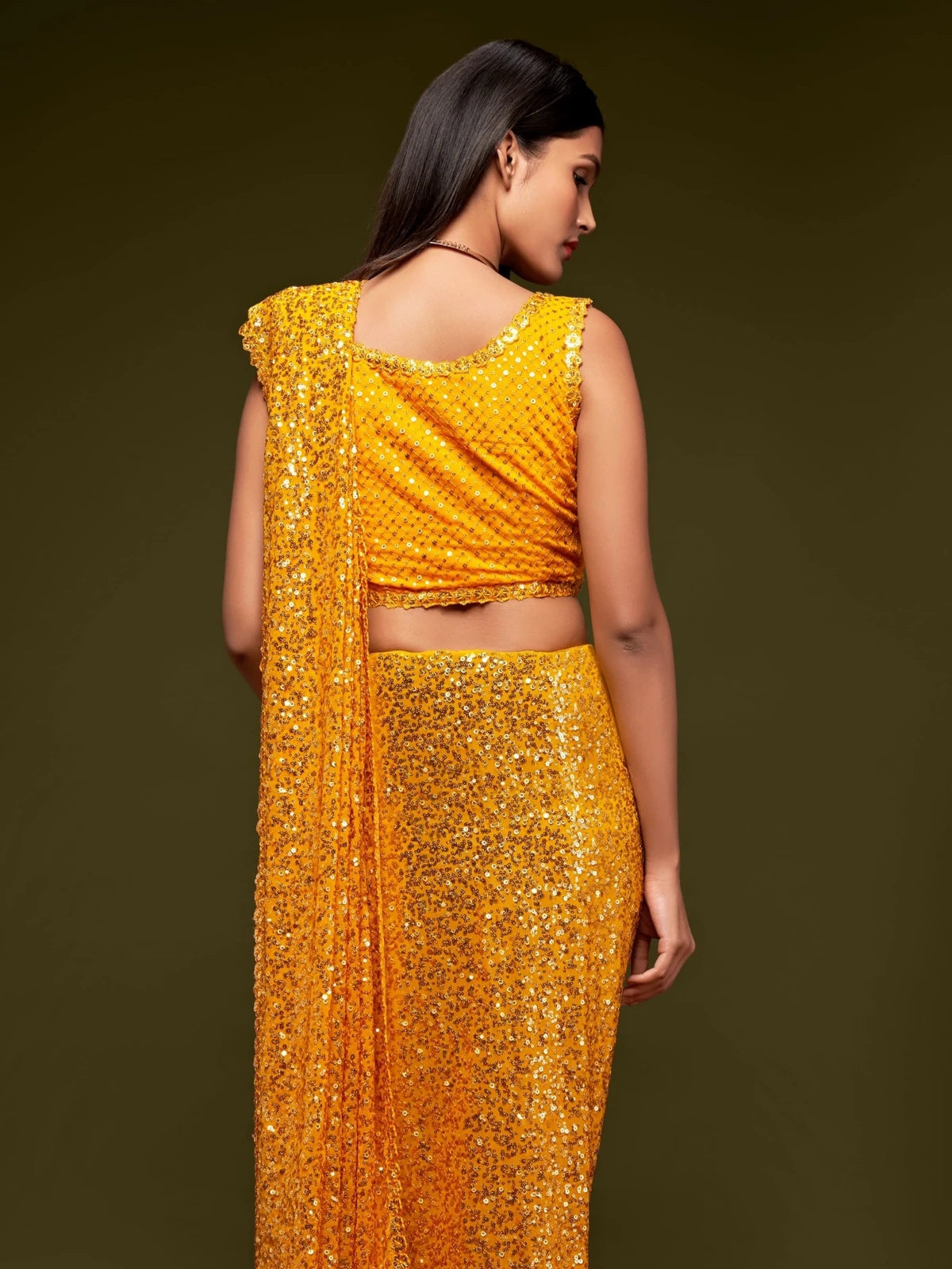 Tarani yellow georgette saree back blouse view with thread and sequins detailing