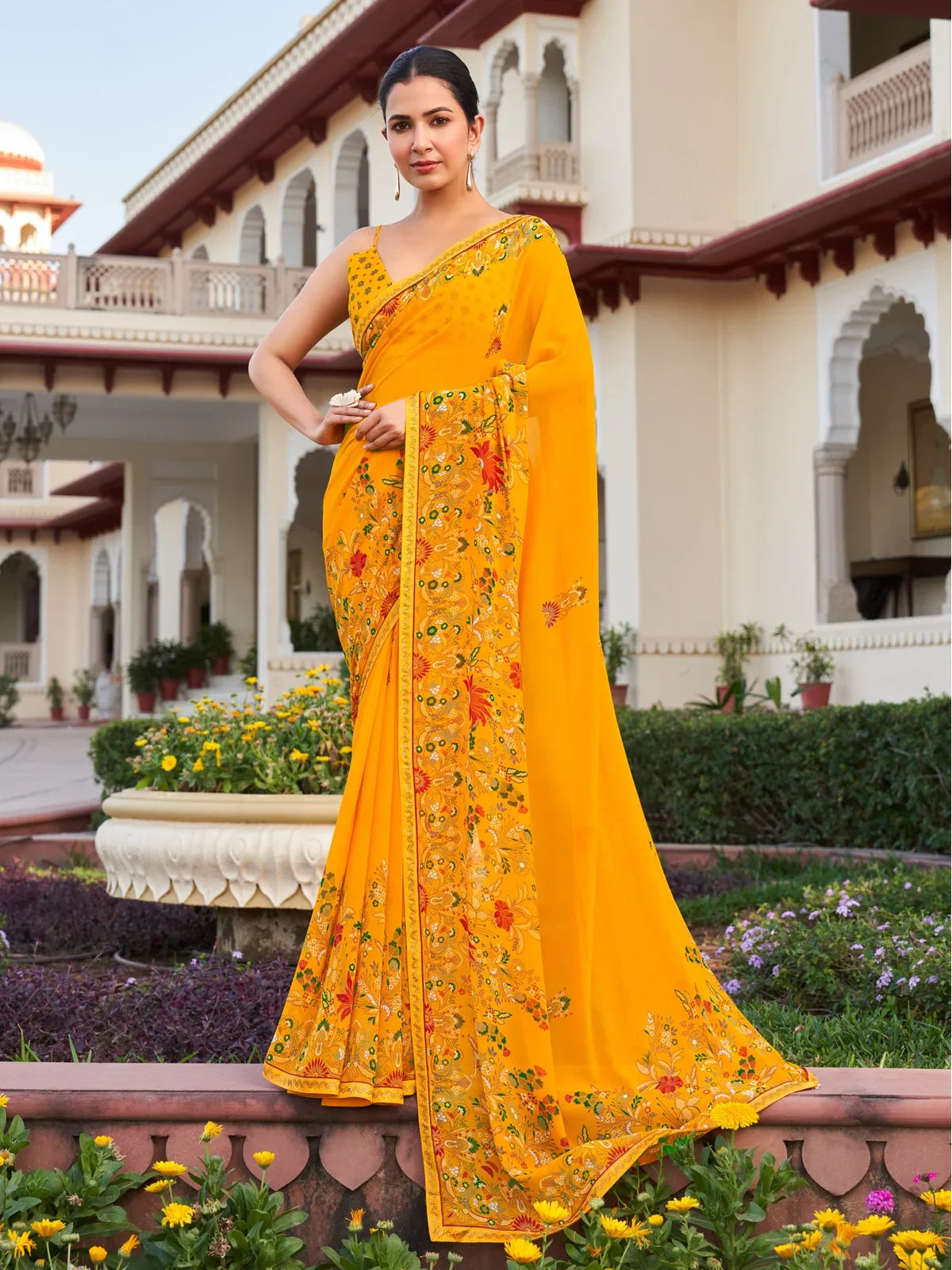 Tarani yellow georgette saree with floral print and patch border work for party and festive wear full view