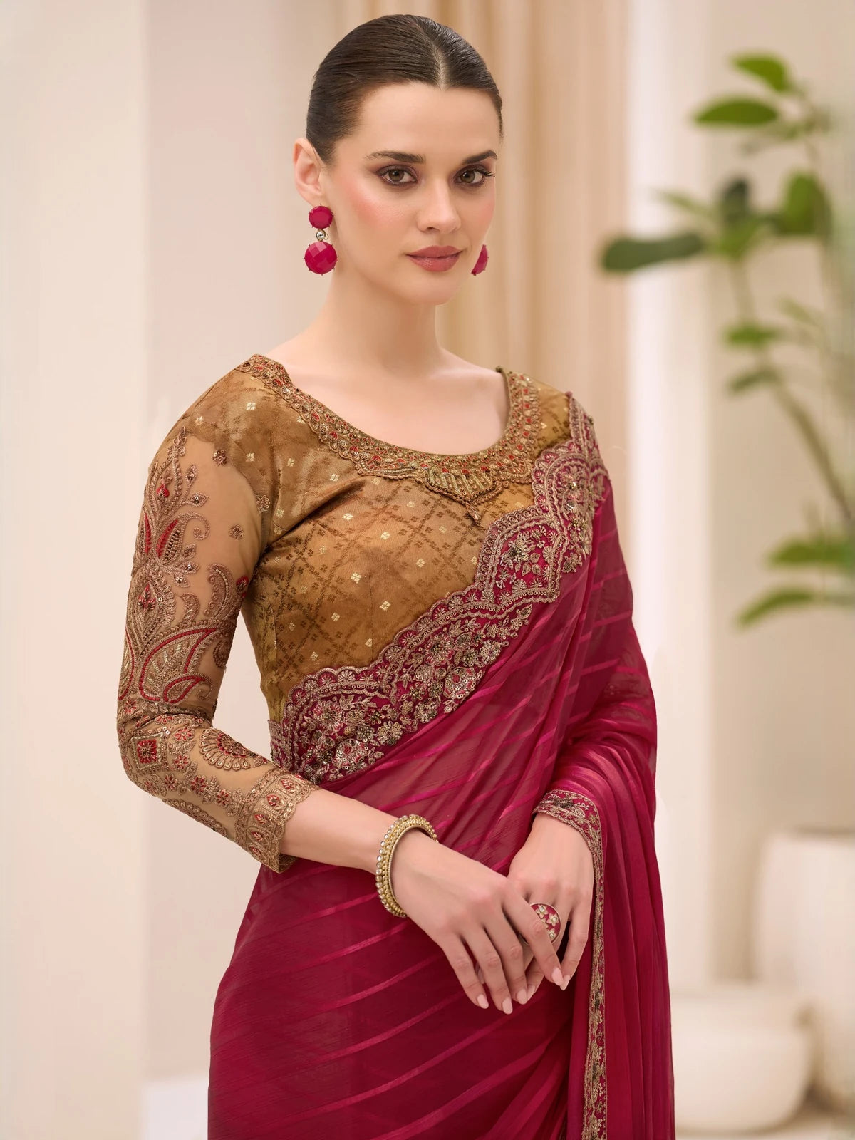 Tarani Prema magenta georgette satin saree front view with detailed embroidery work and elegant drape