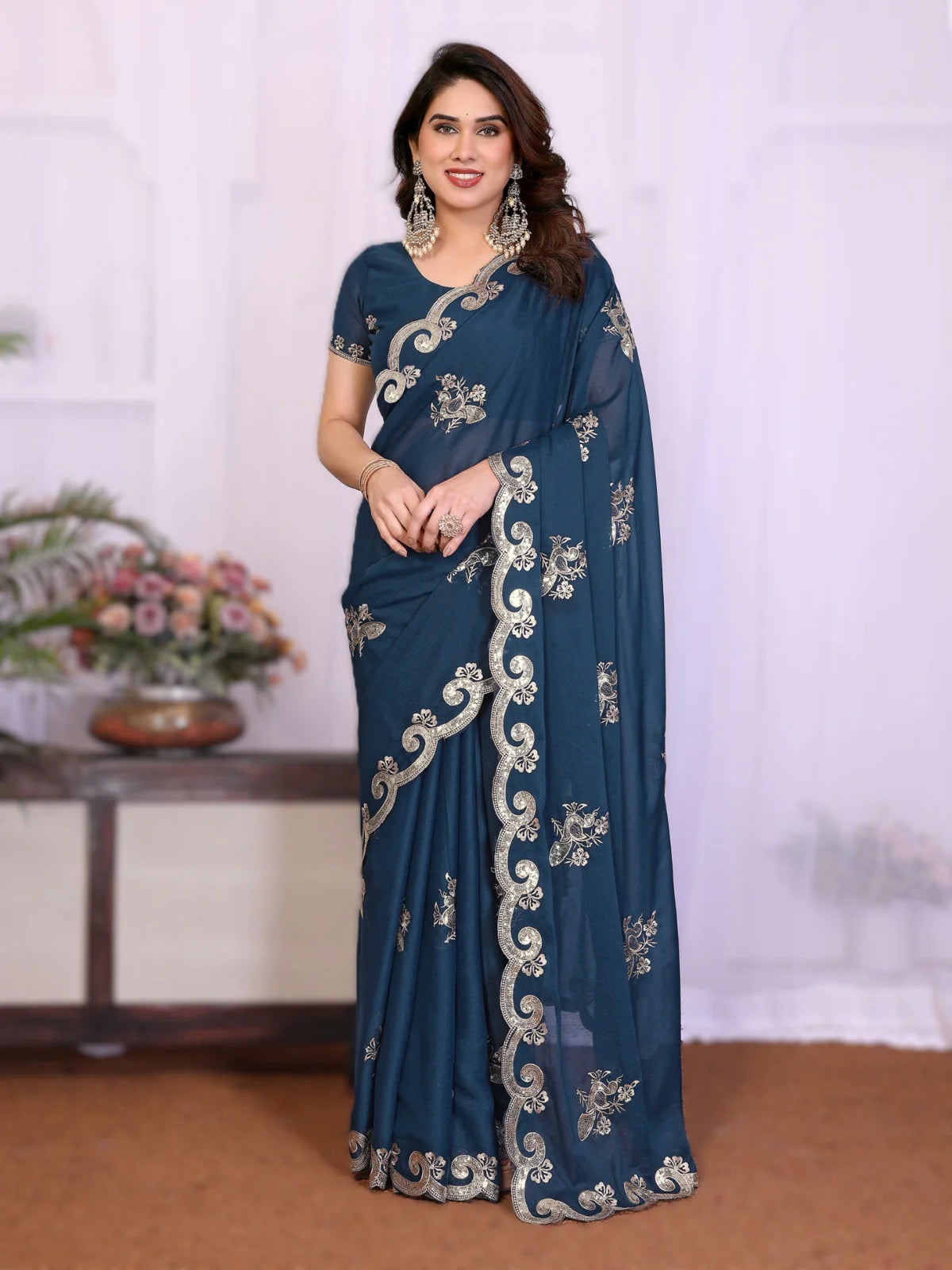 Tarani navy blue georgette silk saree full view with embroidery and border