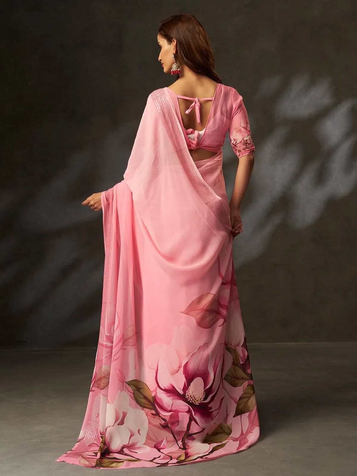 Tarani pink georgette silk saree back view with blouse design and drape