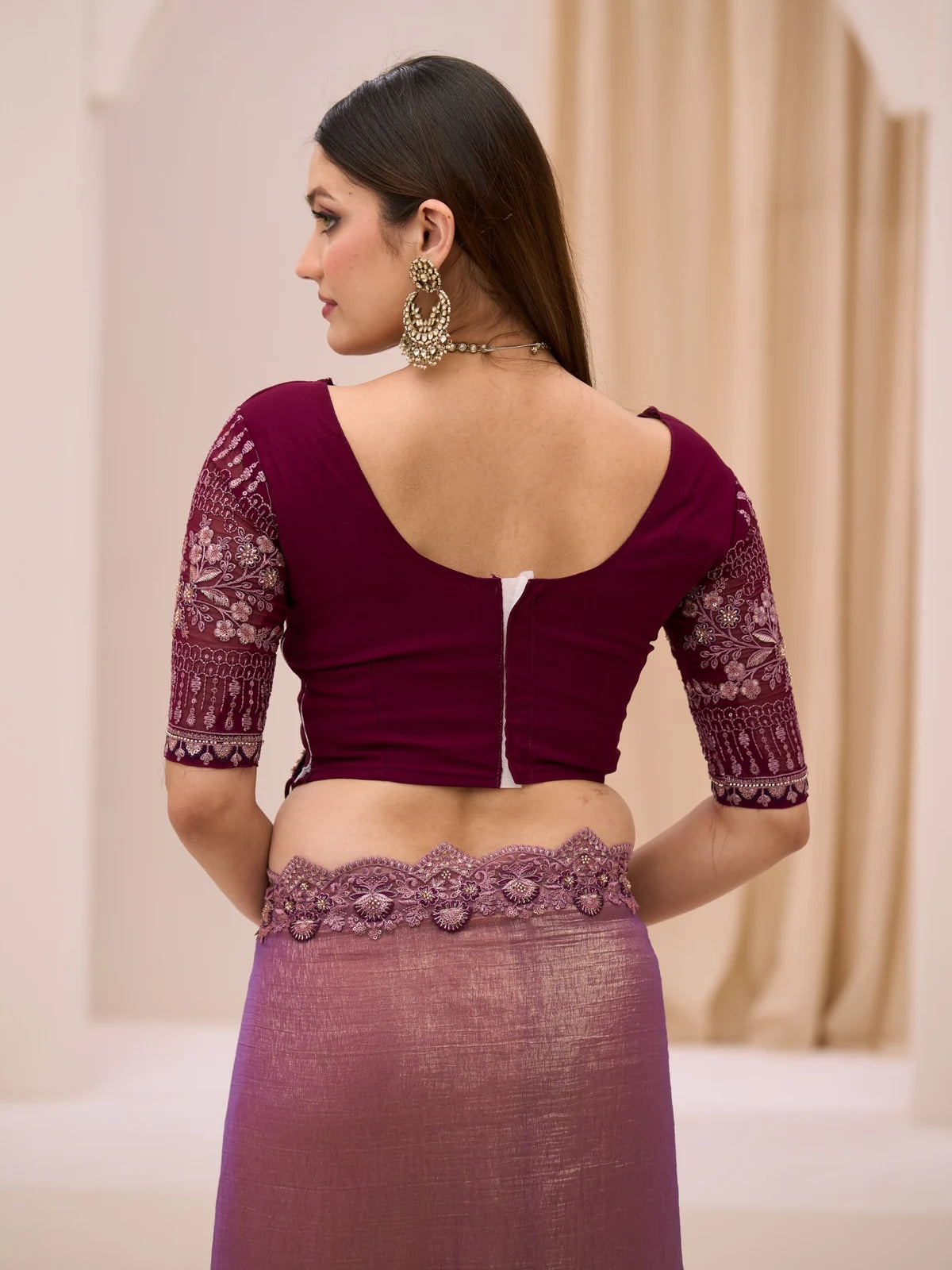 Tarani Meher embroidered blouse back view with purple dual shade saree