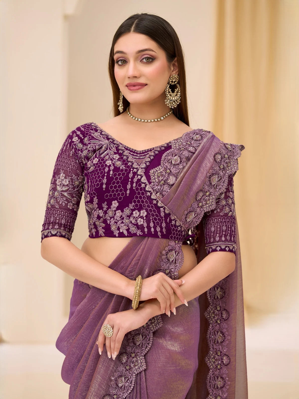 Tarani Meher purple dual shade georgette tissue saree closeup embroidery and border detailing