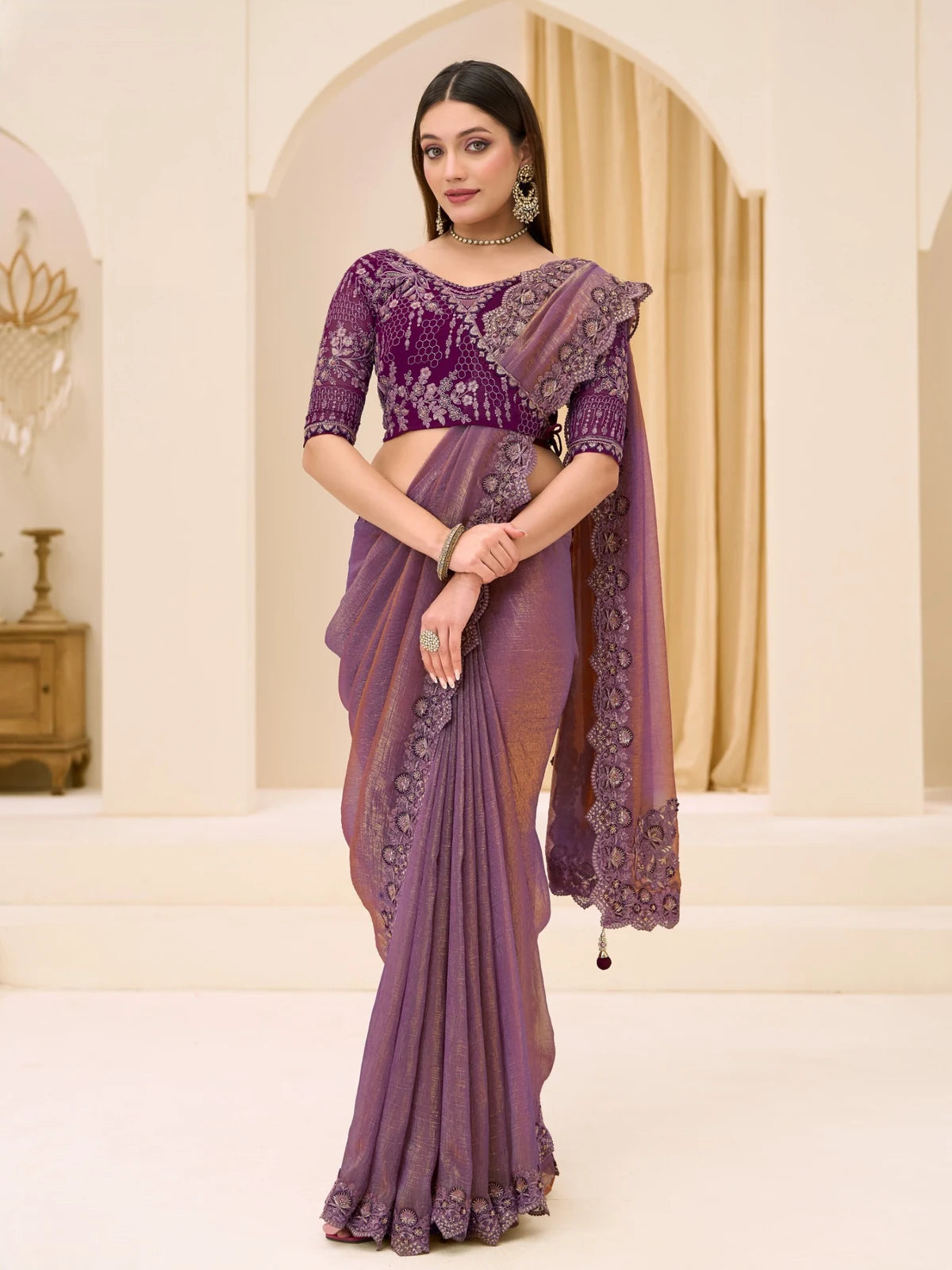 Tarani Meher purple dual shade georgette tissue saree front pose festive party wear
